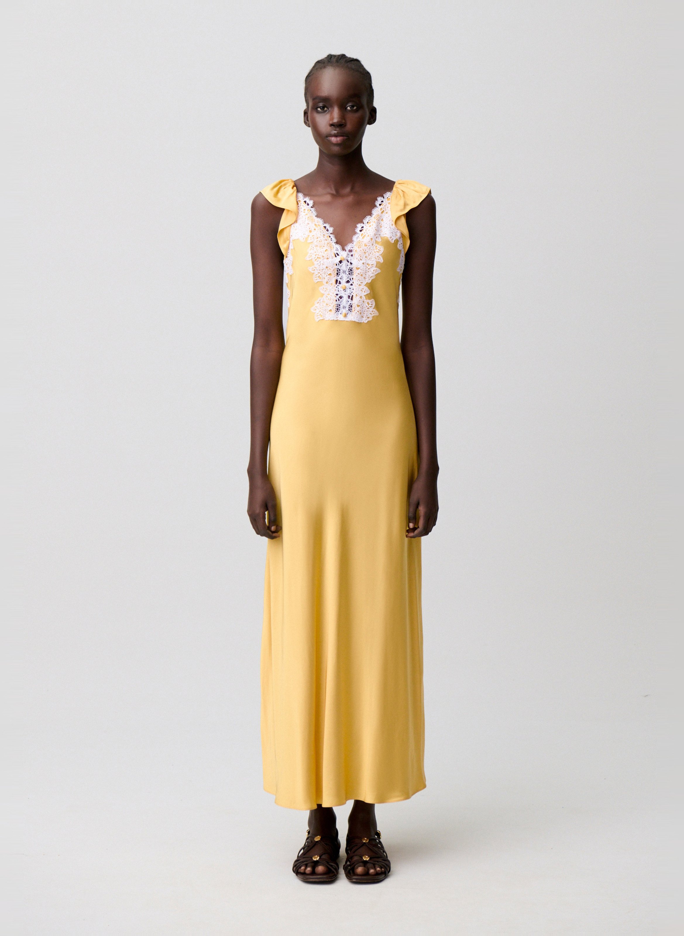 Robe longue satinée avec dentelle CLAUDIE PIERLOT Jaune