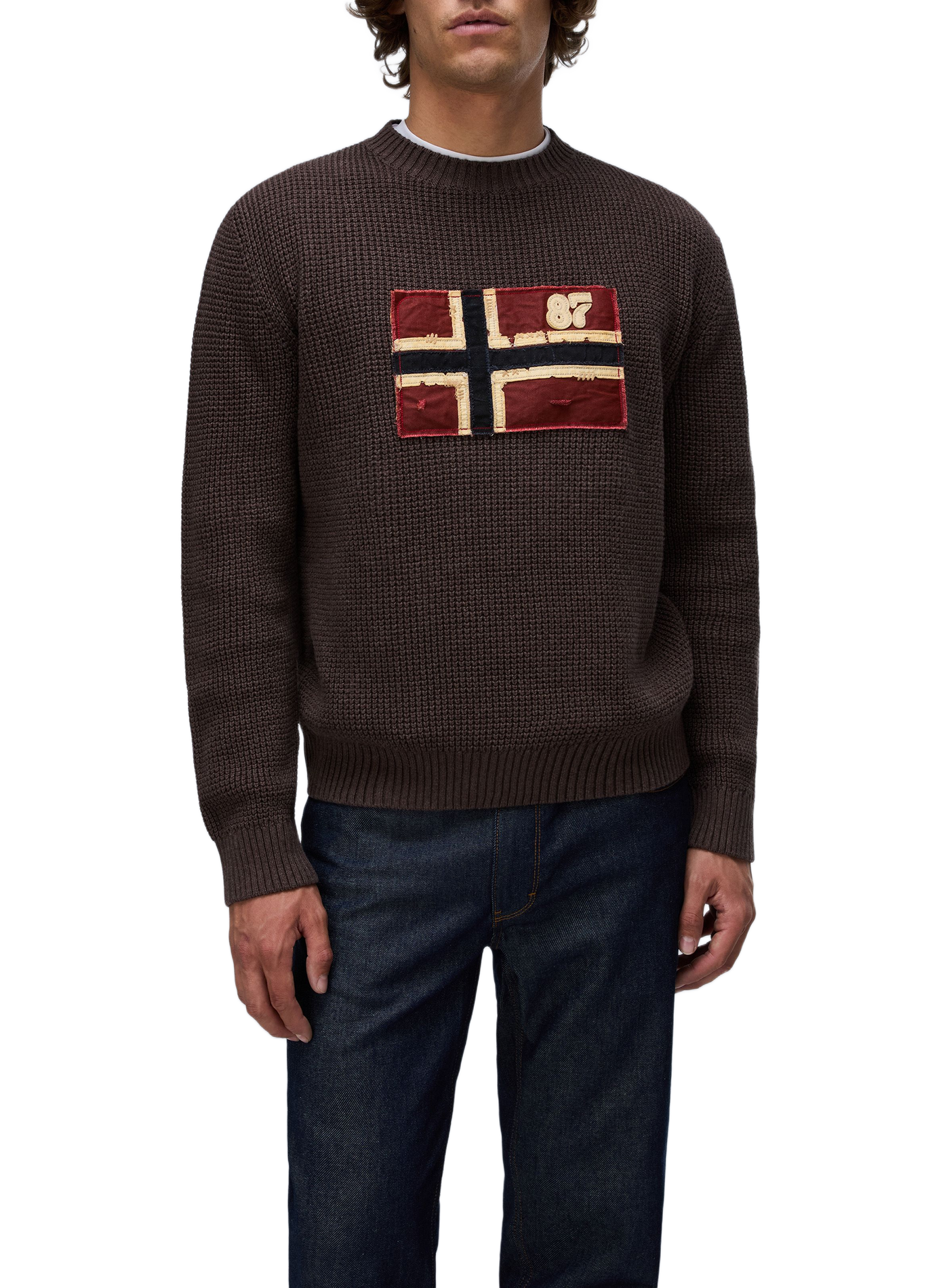 Straight-fit crew-neck embroidered sweater NAPAPIJRI Brown
