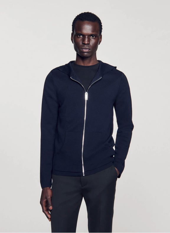 Gilet regular-fit à capuche zippé en laine Bleu by SANDRO SANDRO Gilet regular-fit à capuche zippé en laine Bleu