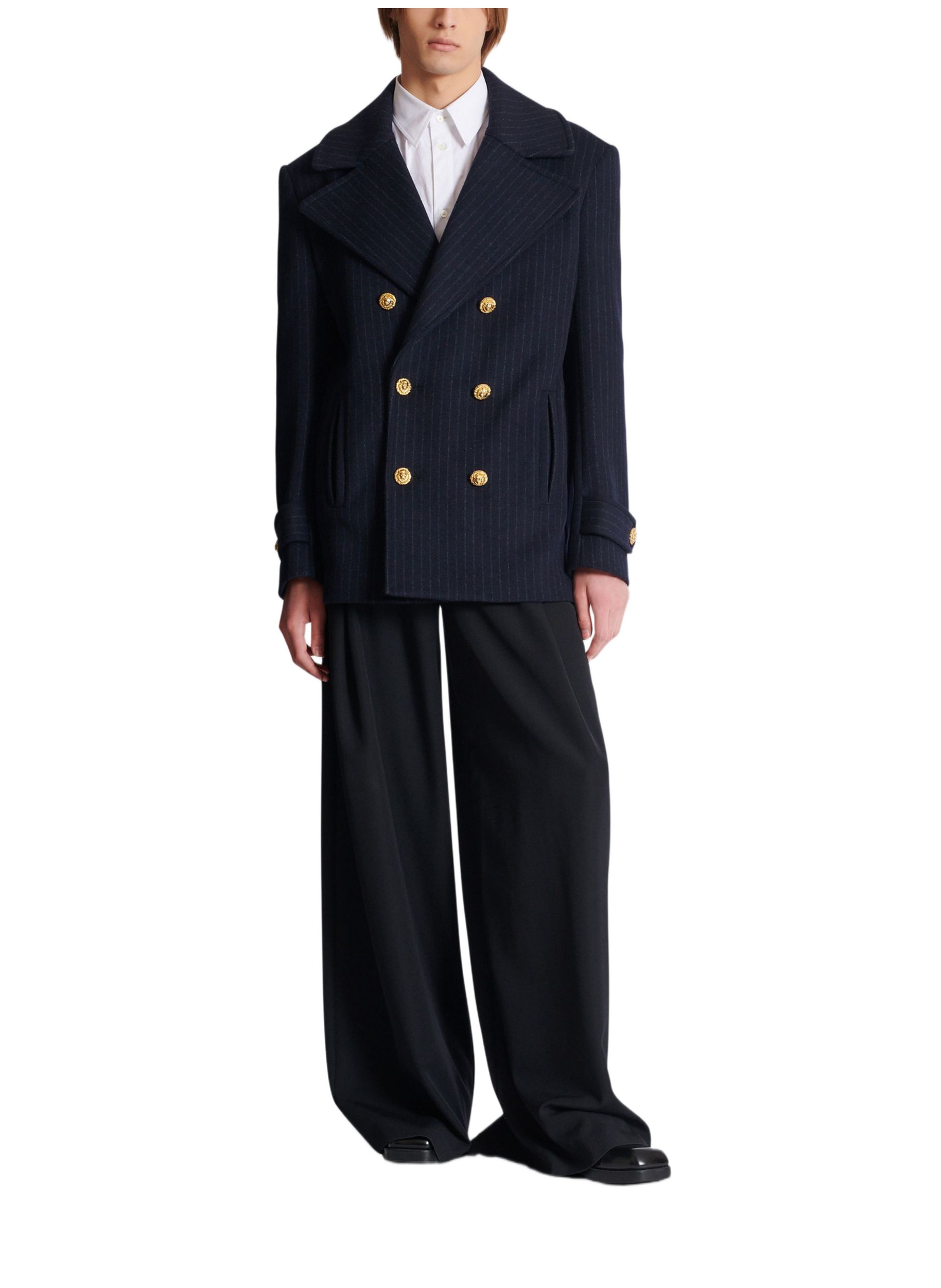 Caban court en laine à rayures BALMAIN Bleu