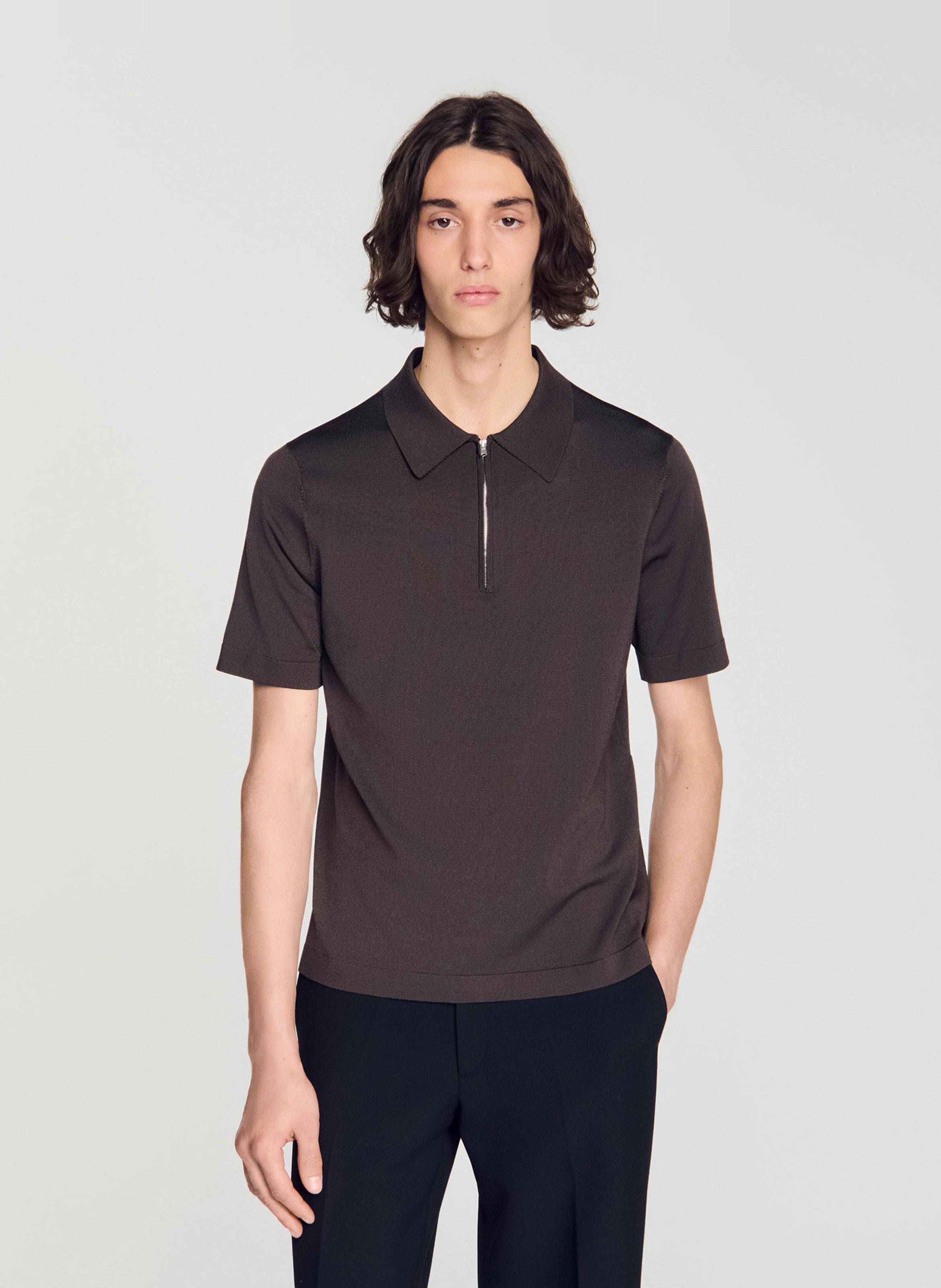 T-shirt manches courtes à col polo zippé SANDRO Marron