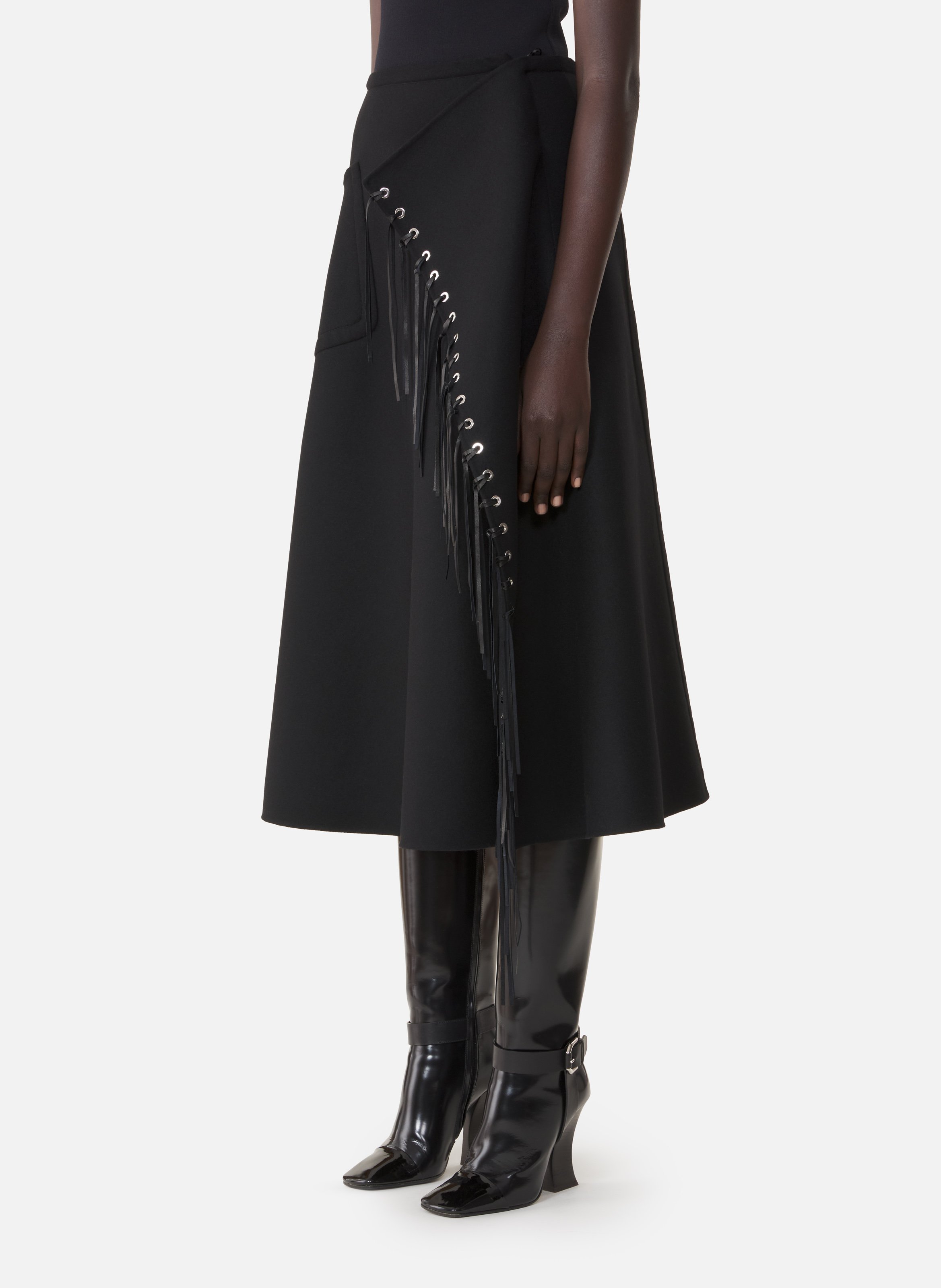 Jupe à franges en laine cachemire double face LANVIN Noir