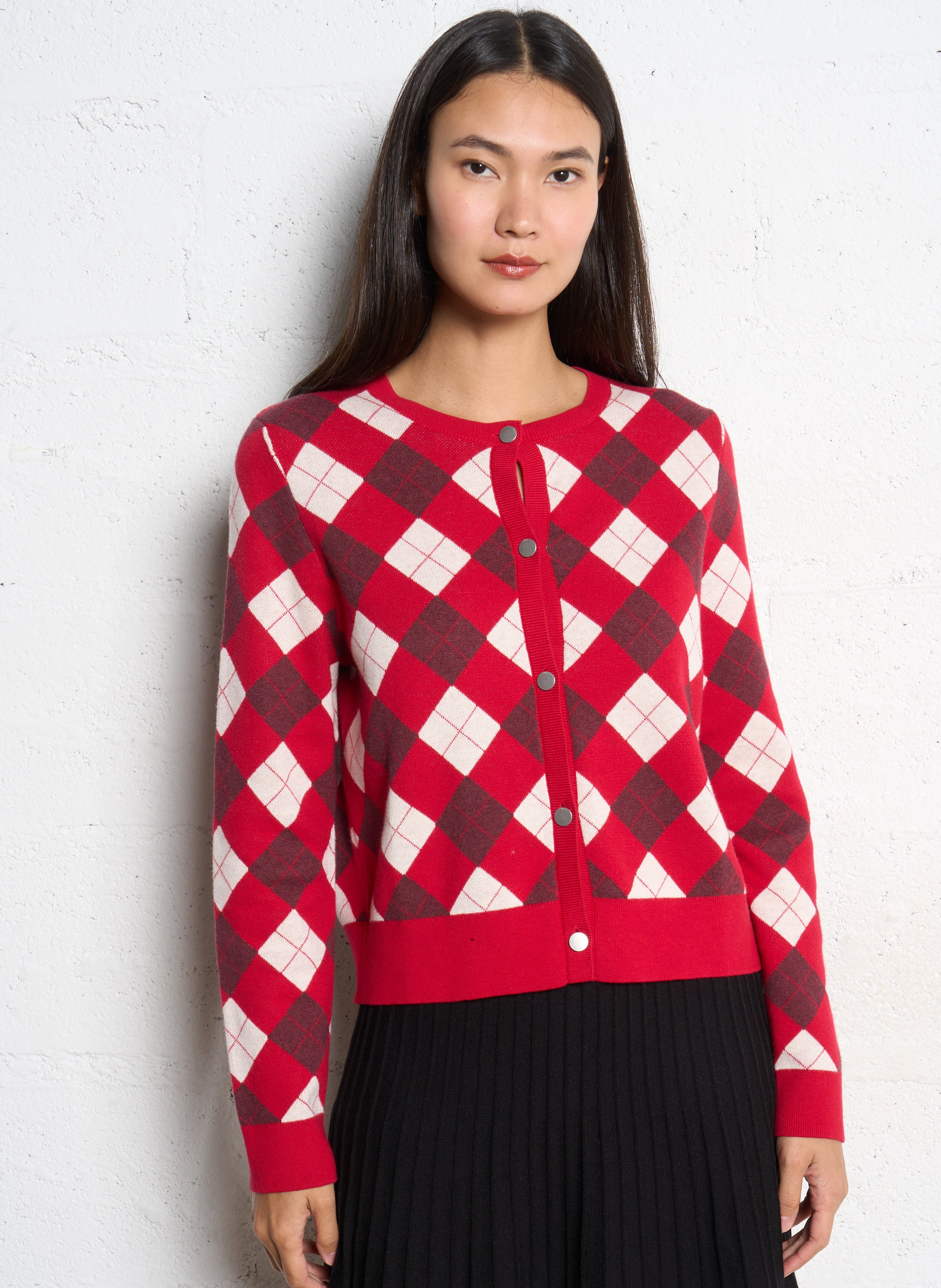 Gilet droit col rond jacquard en coton et cachemire IKKS Rouge