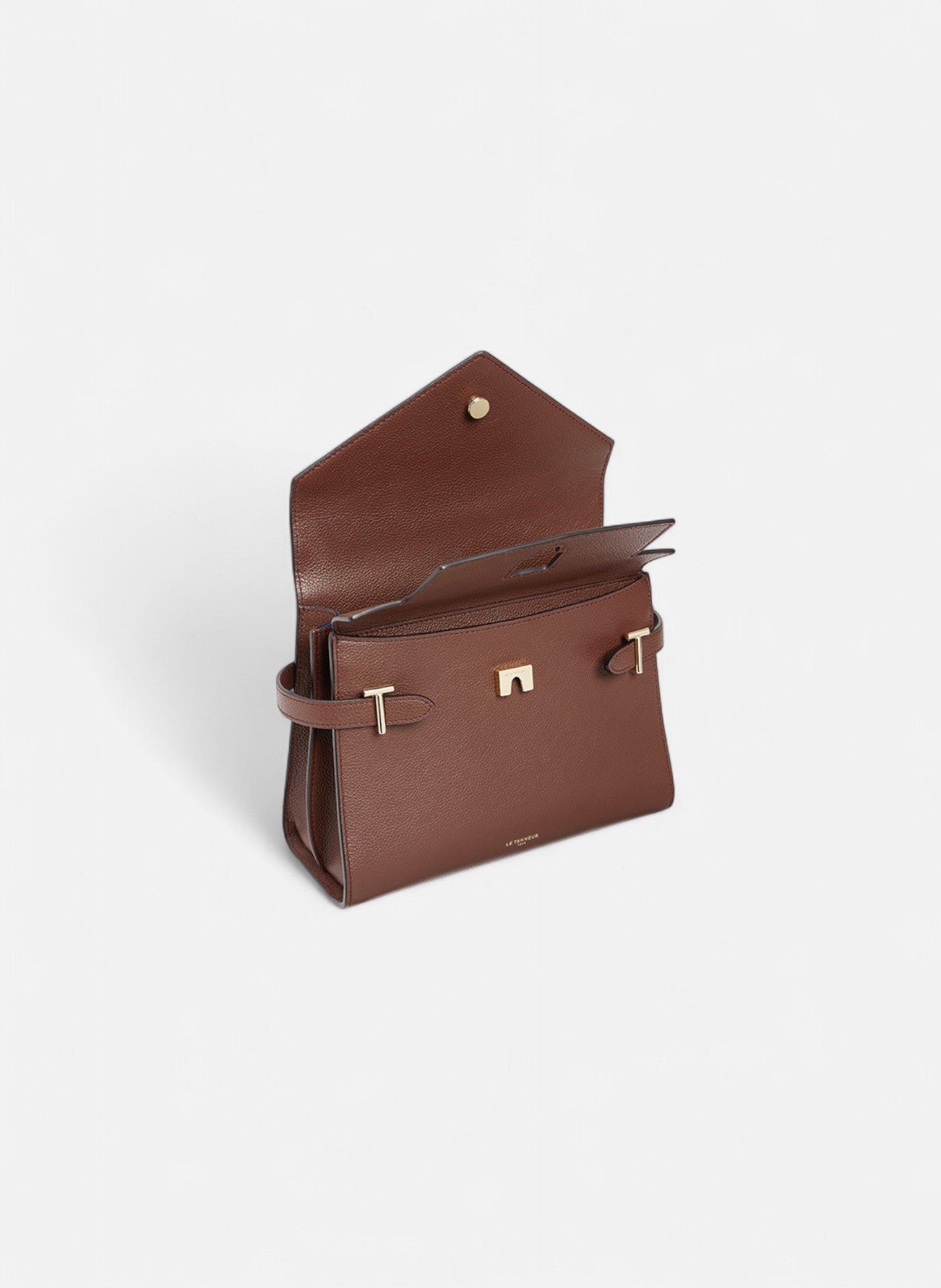 Sac à main double rabat moyen modèle emilie en cuir grainé LE TANNEUR Marron