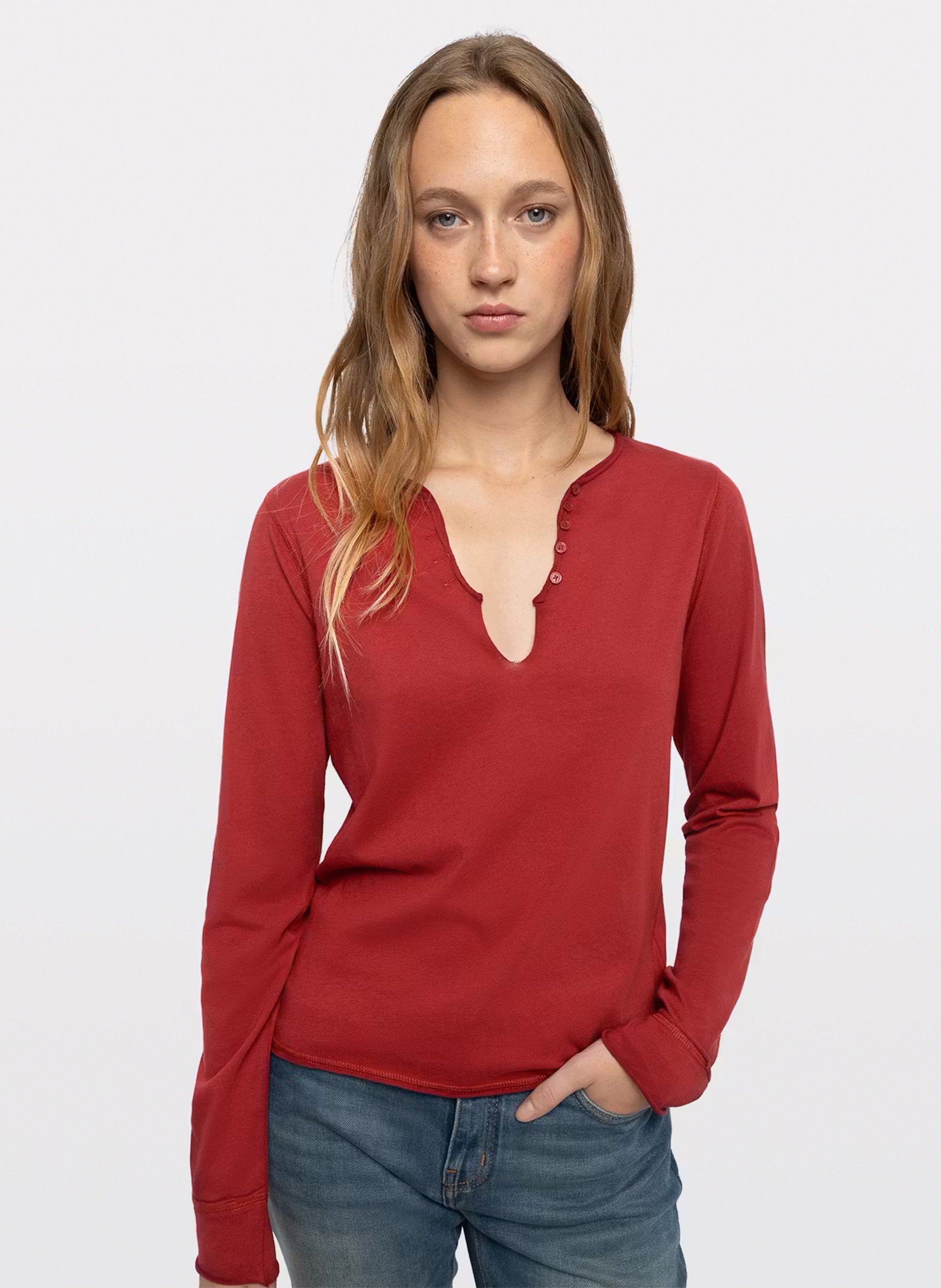 Tee-shirt col v en coton tuni ZADIG&VOLTAIRE Rouge