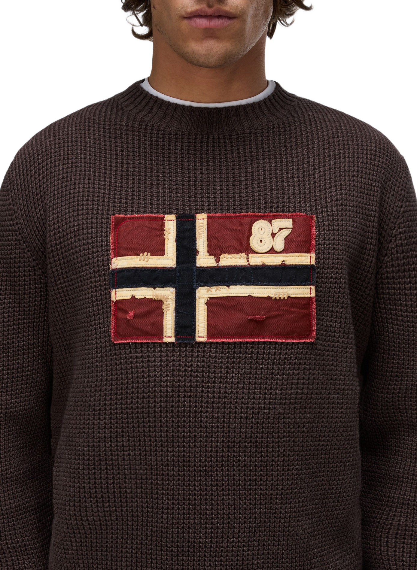 Straight-fit crew-neck embroidered sweater NAPAPIJRI Brown