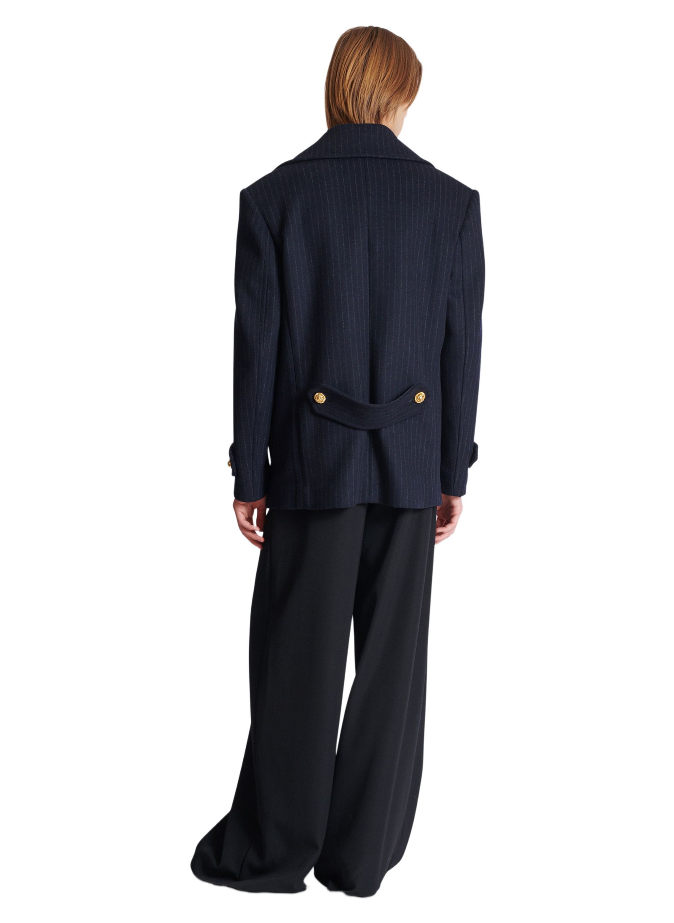 Caban court en laine à rayures BALMAIN Bleu