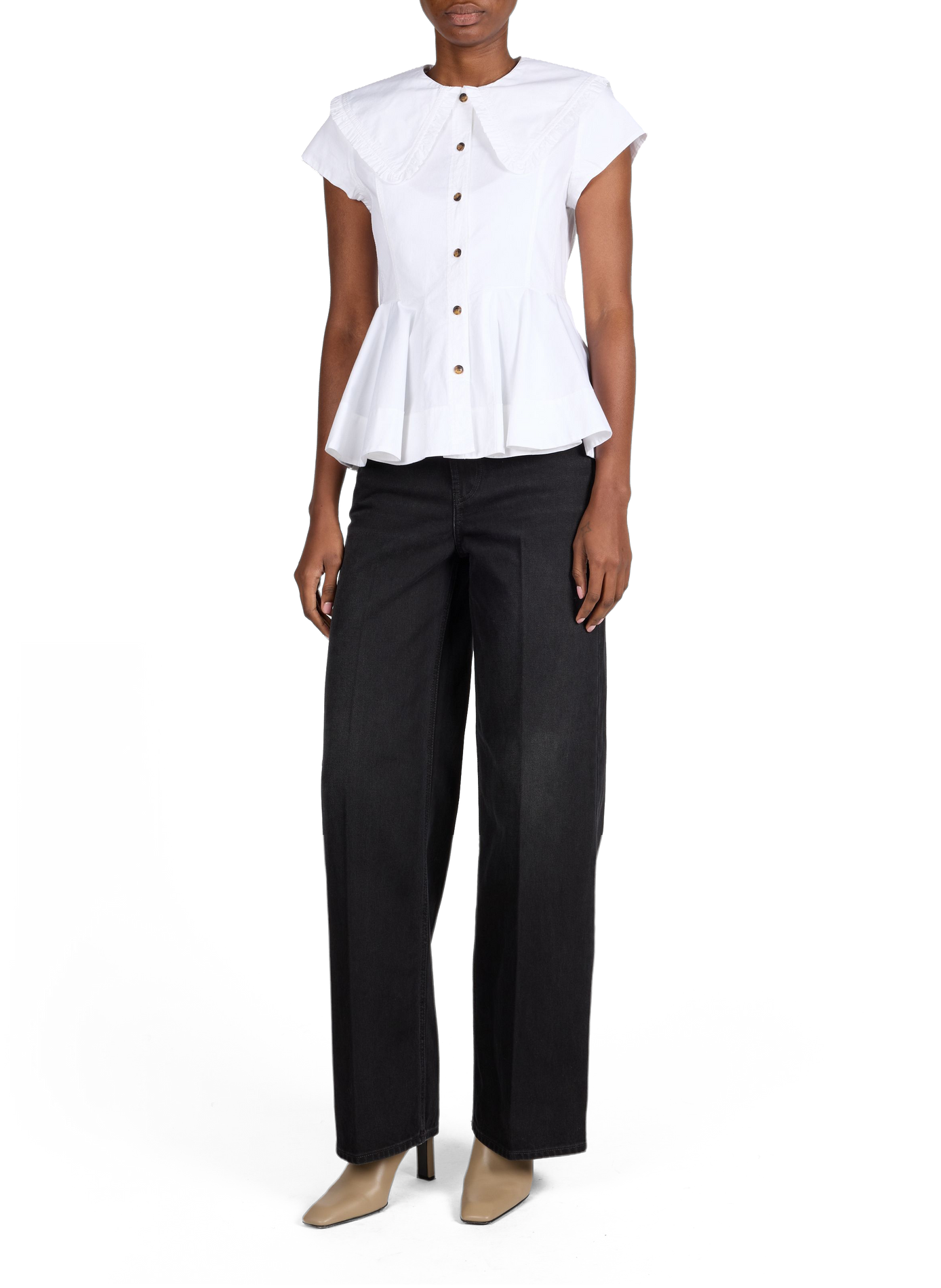 Chemise col volanté à manches courtes en coton mélangé GANNI Blanc