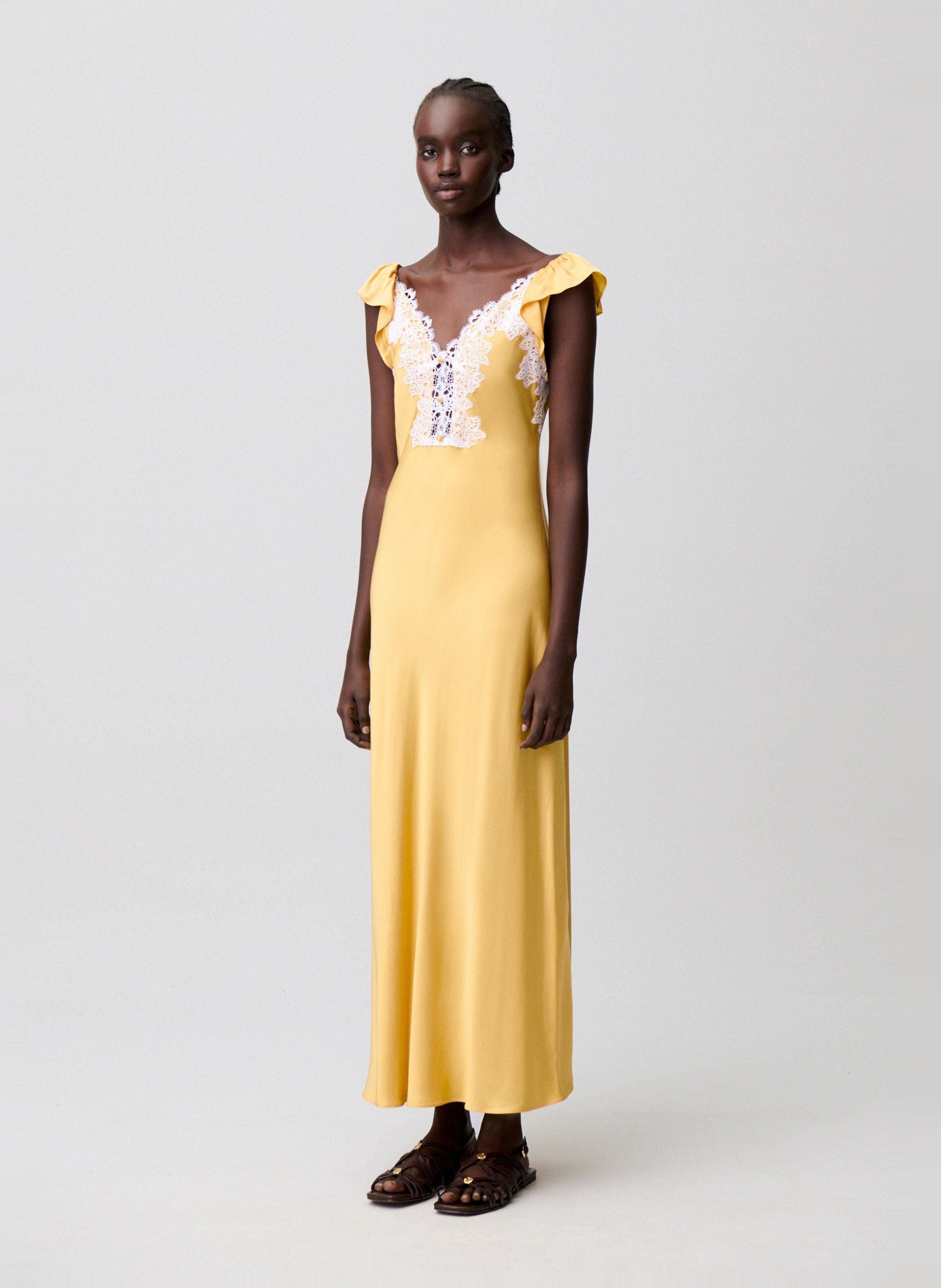 Robe longue satinée avec dentelle CLAUDIE PIERLOT Jaune