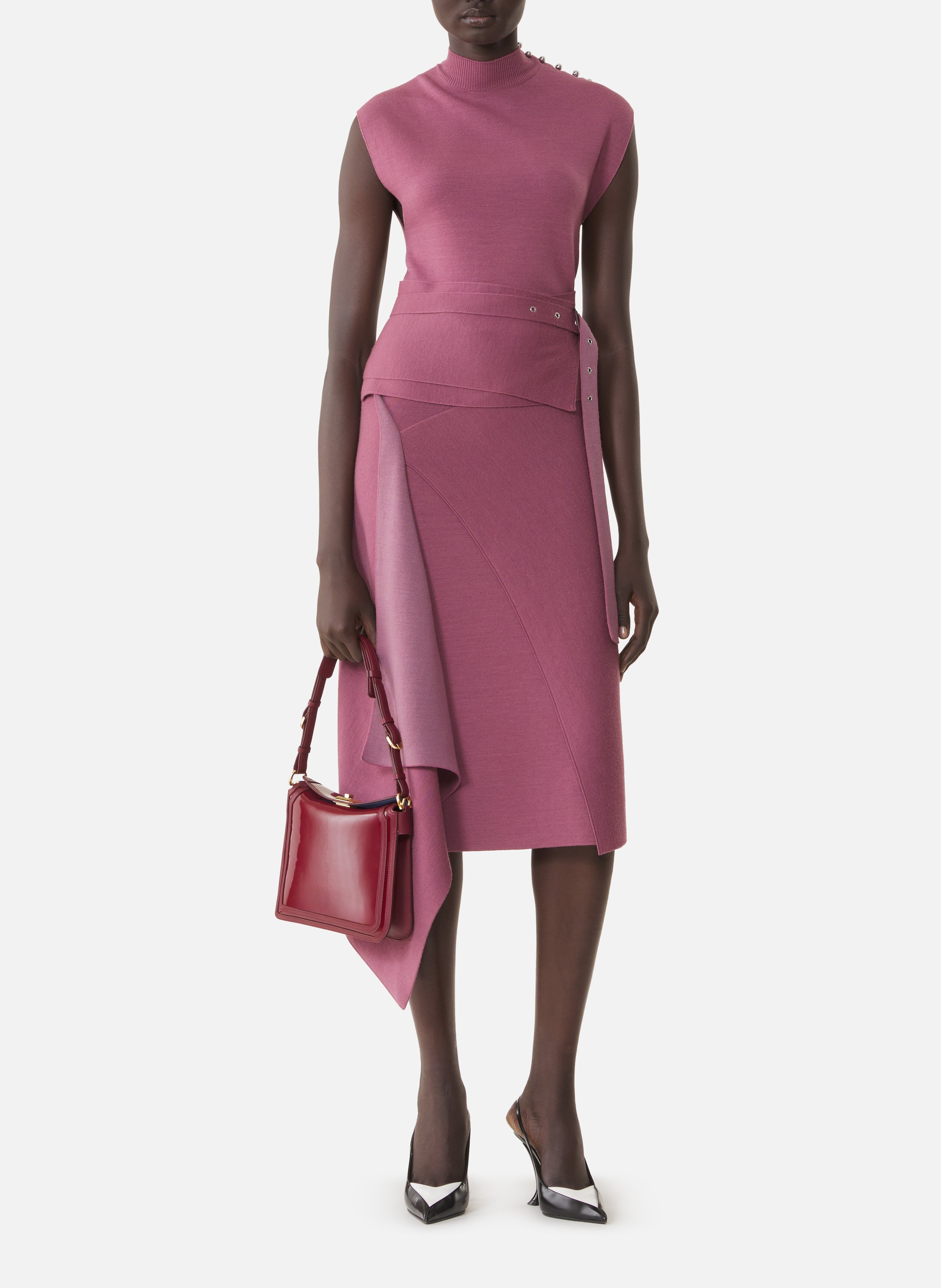 Robe drapée col montant en laine LANVIN Rose