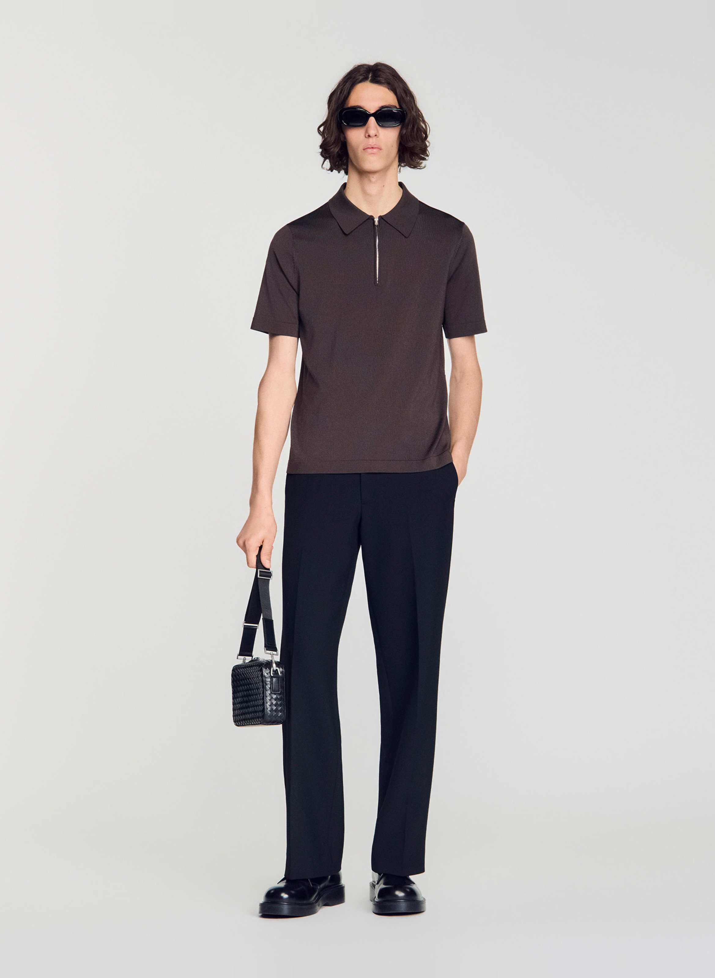 T-shirt manches courtes à col polo zippé SANDRO Marron