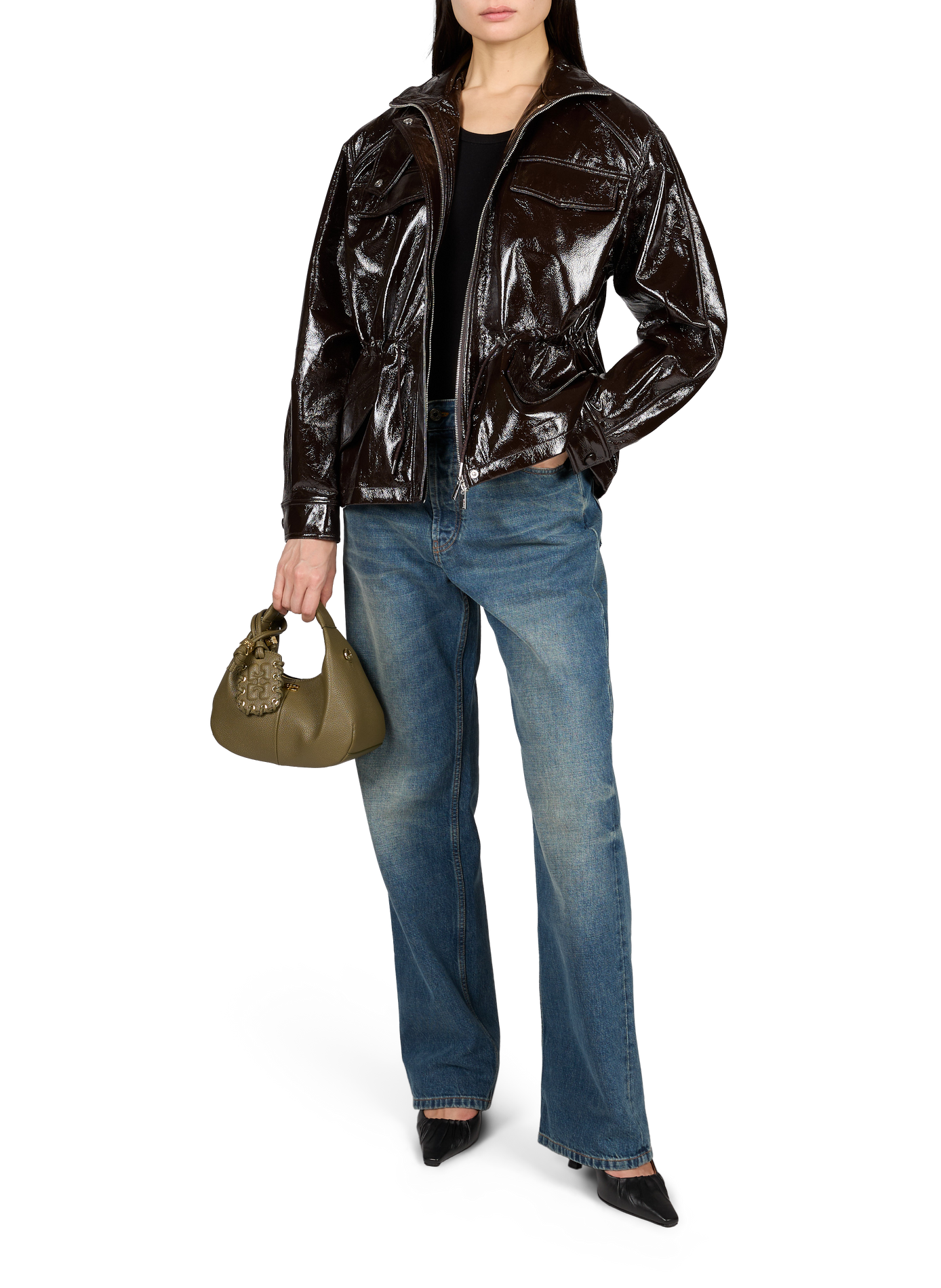 Hobo-Handtasche aus genarbtem Leder GANNI Khaki