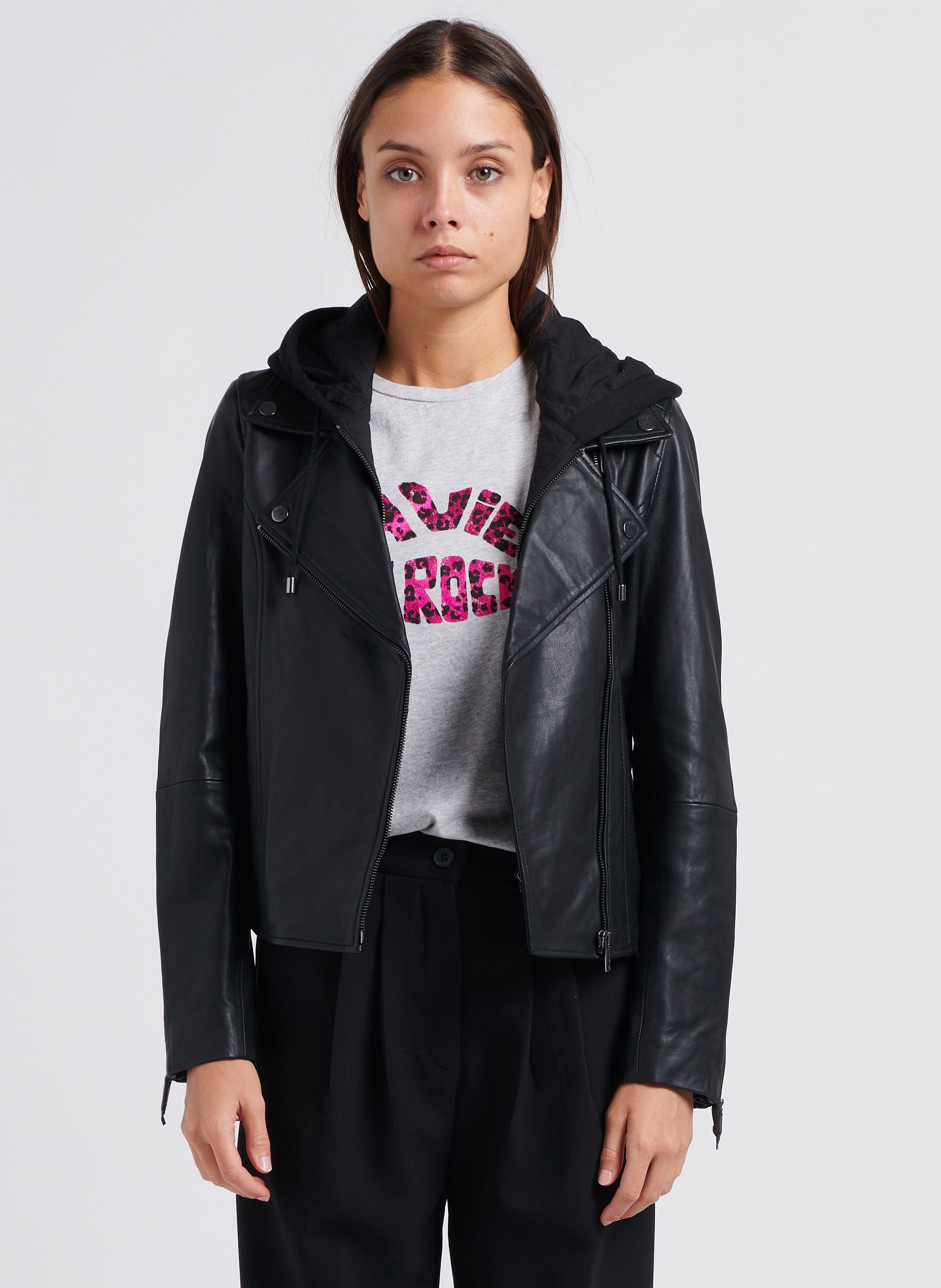 Veste en cuir à capuche amovible