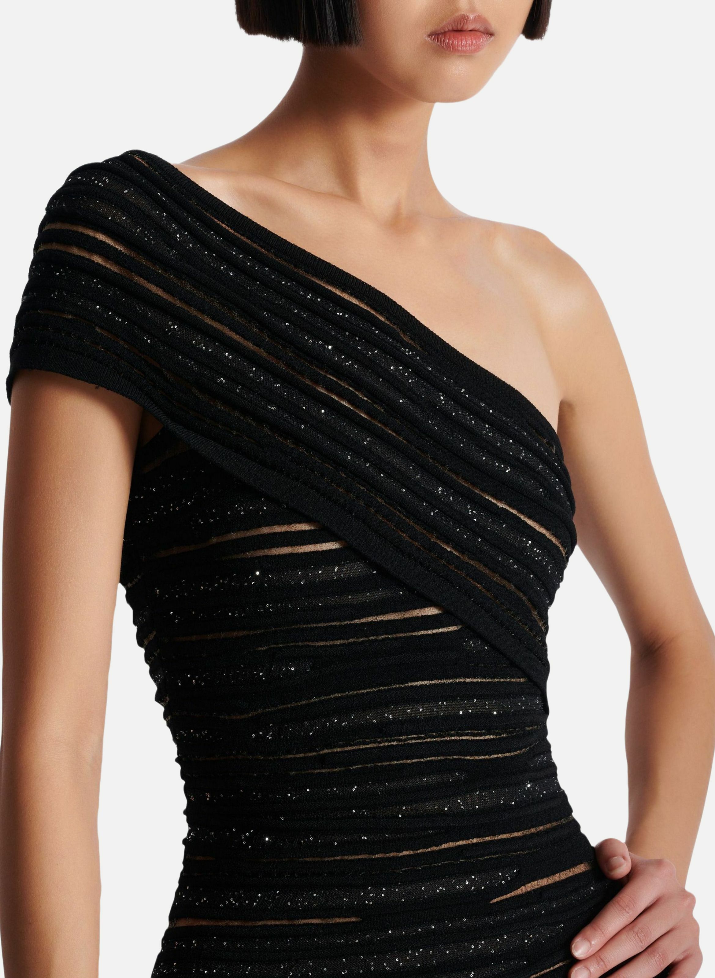Robe asymétrique en maille roulottée brillante BALMAIN Noir