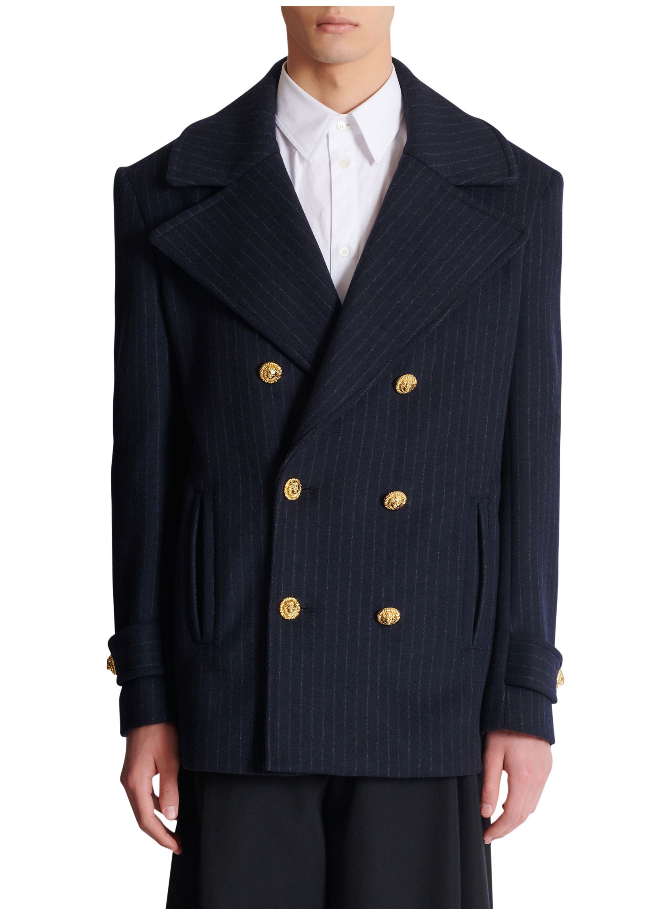 Caban court en laine à rayures BALMAIN Bleu