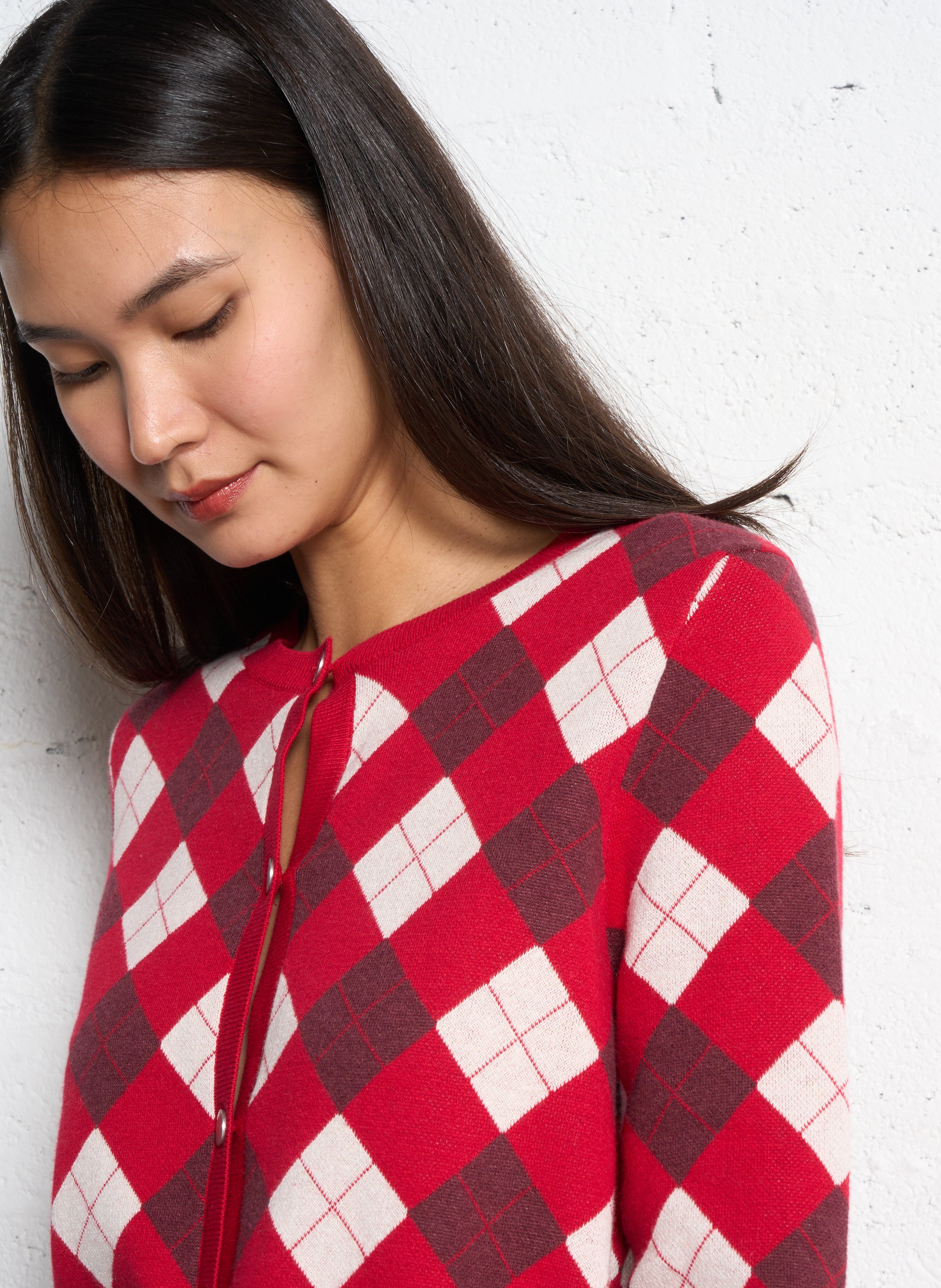 Gilet droit col rond jacquard en coton et cachemire IKKS Rouge