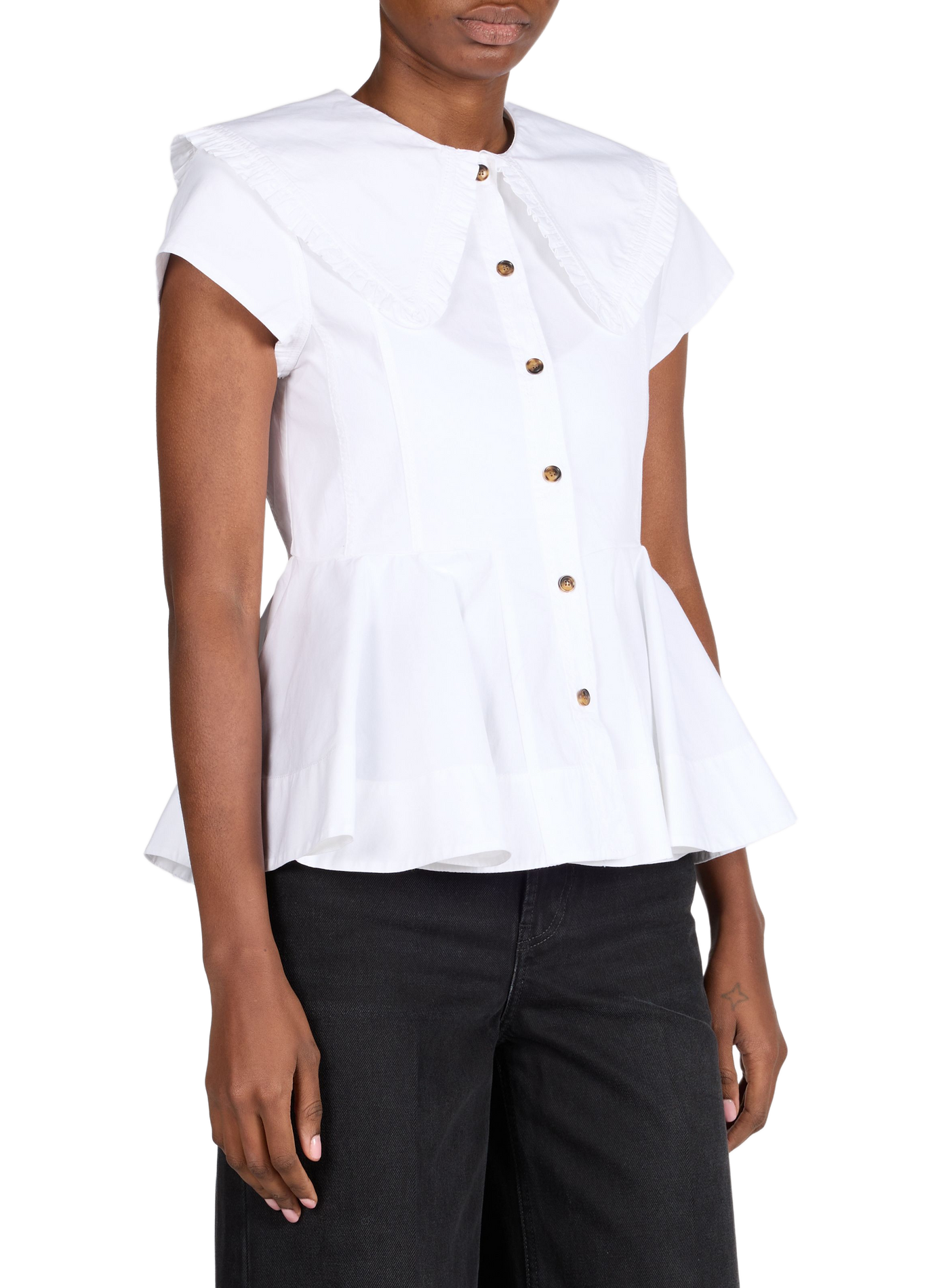 Chemise col volanté à manches courtes en coton mélangé GANNI Blanc