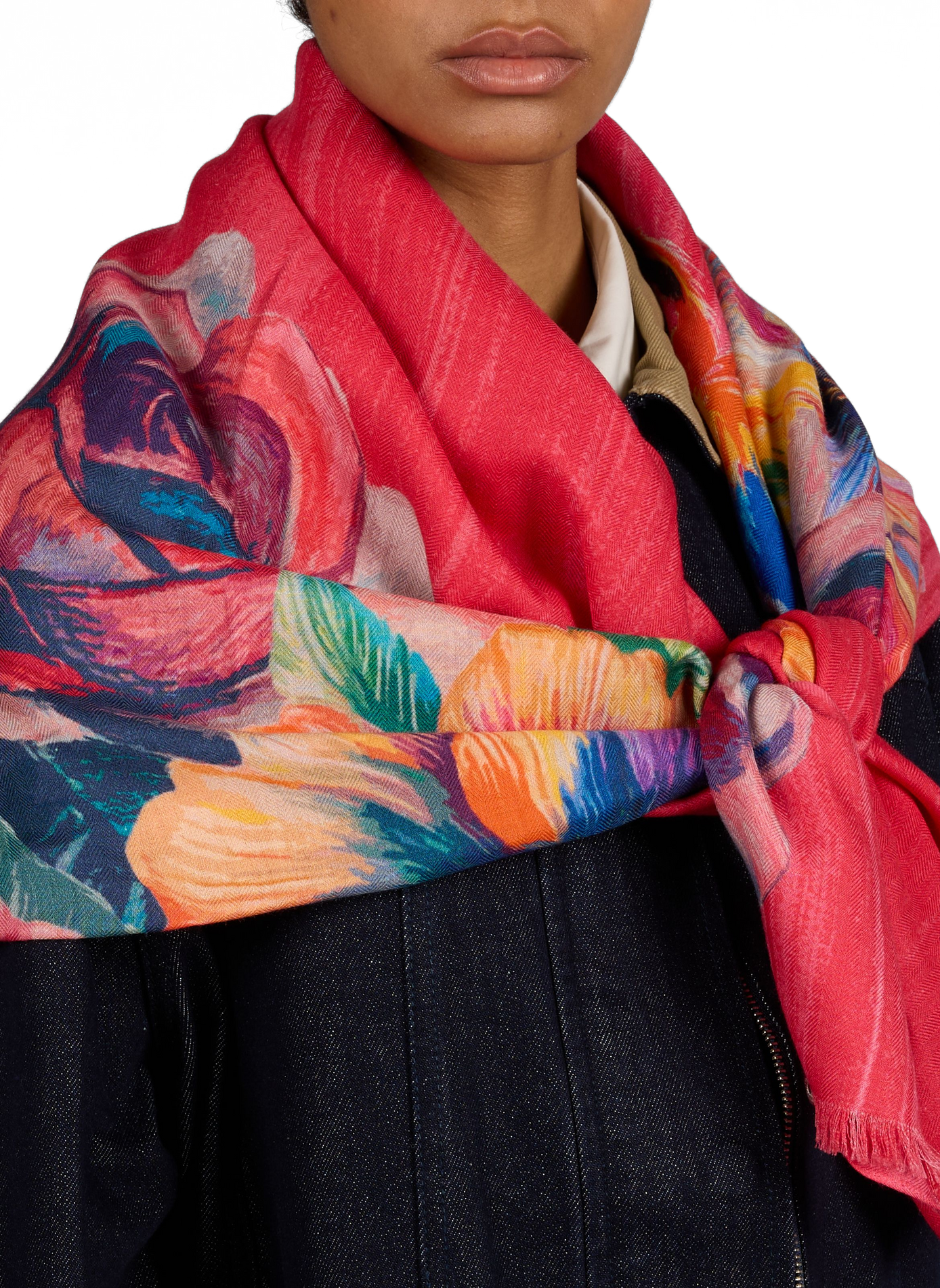 Icone floral print wool and silk scarf PETRUSSE Red