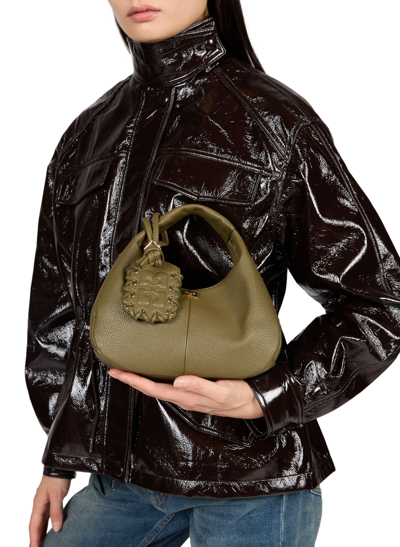 Hobo-Handtasche aus genarbtem Leder GANNI Khaki