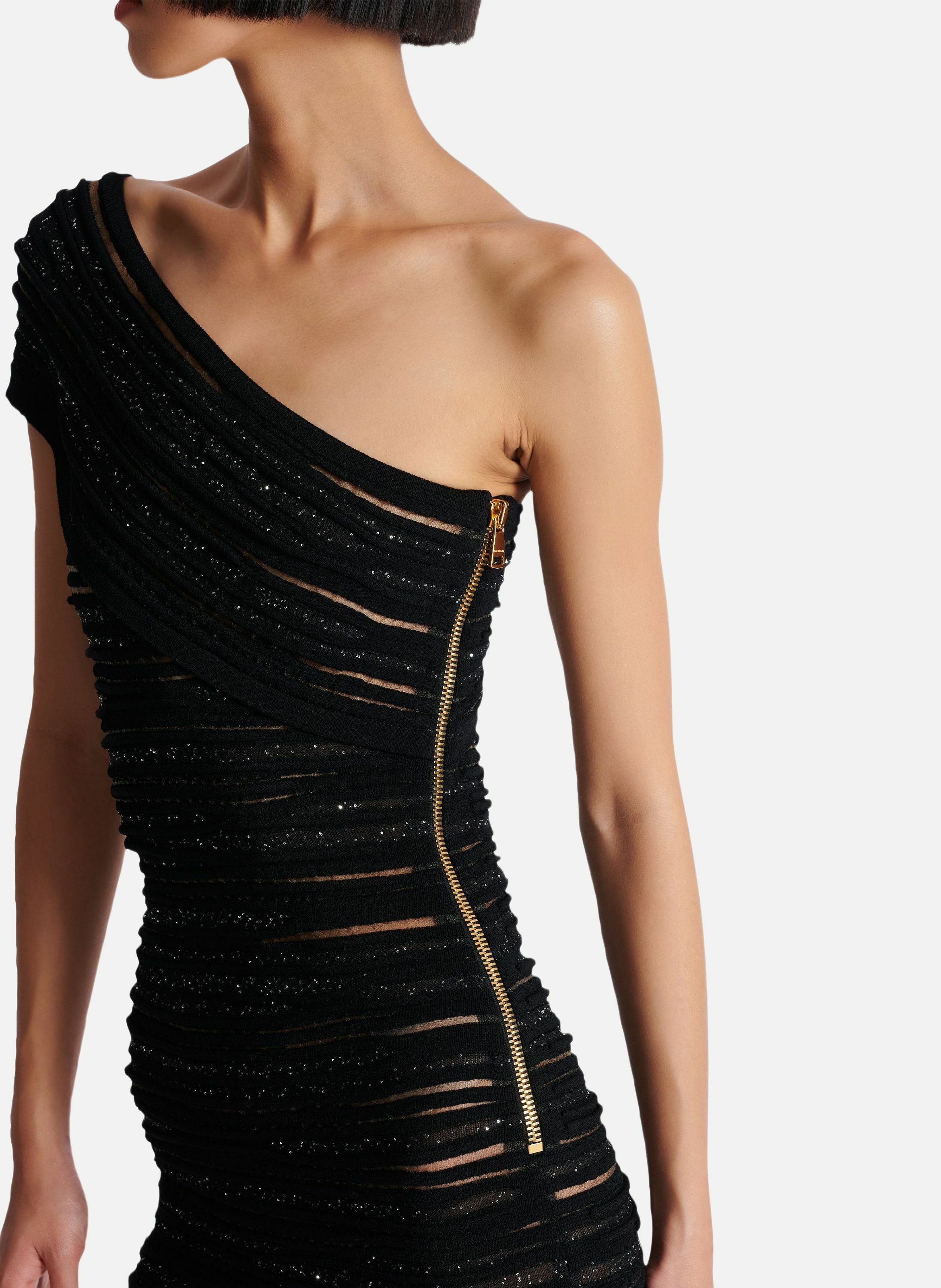 Robe asymétrique en maille roulottée brillante BALMAIN Noir