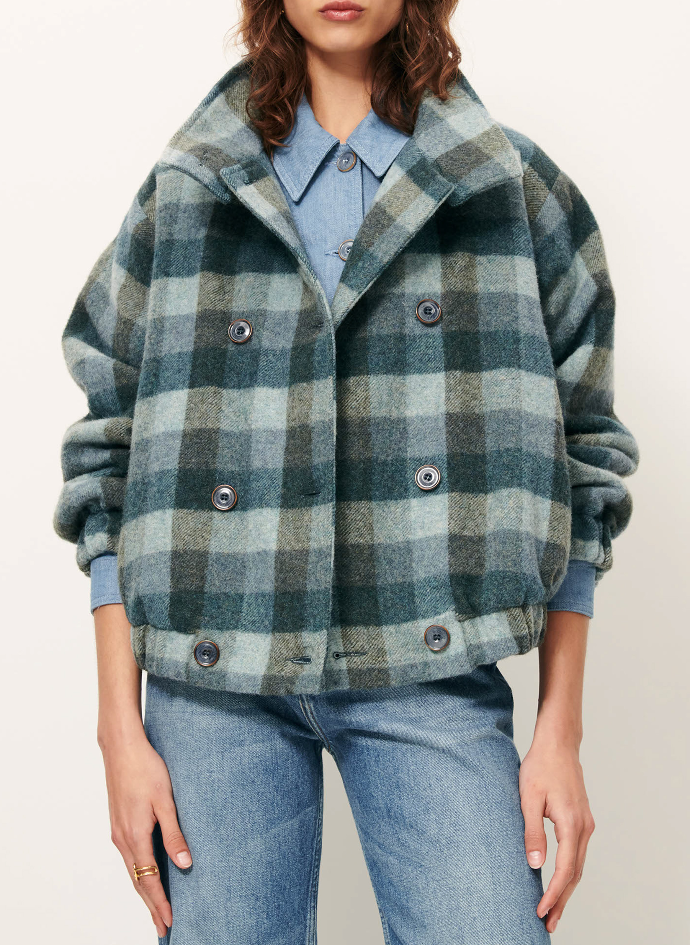 Manteau droit col montant en laine mélangée à carreaux harlow SESSUN Bleu