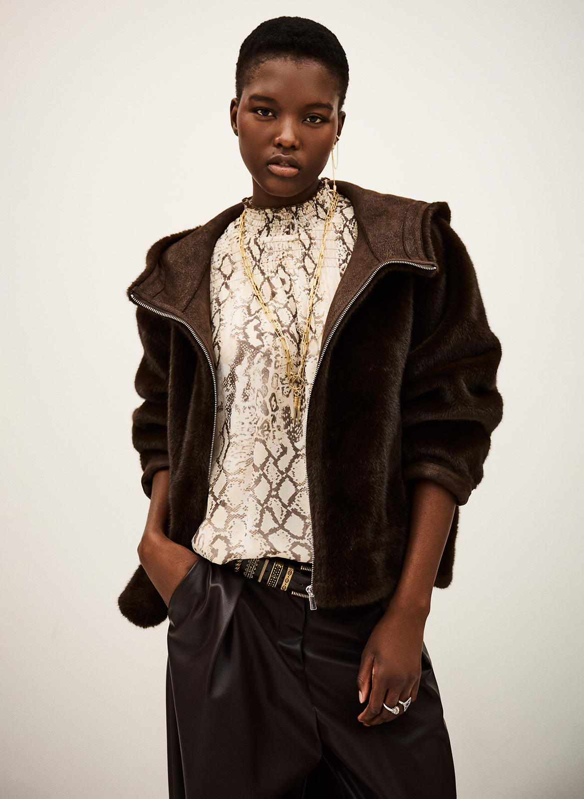 Manteau droit col montant en fourrure synthétique pandy BA&SH Marron