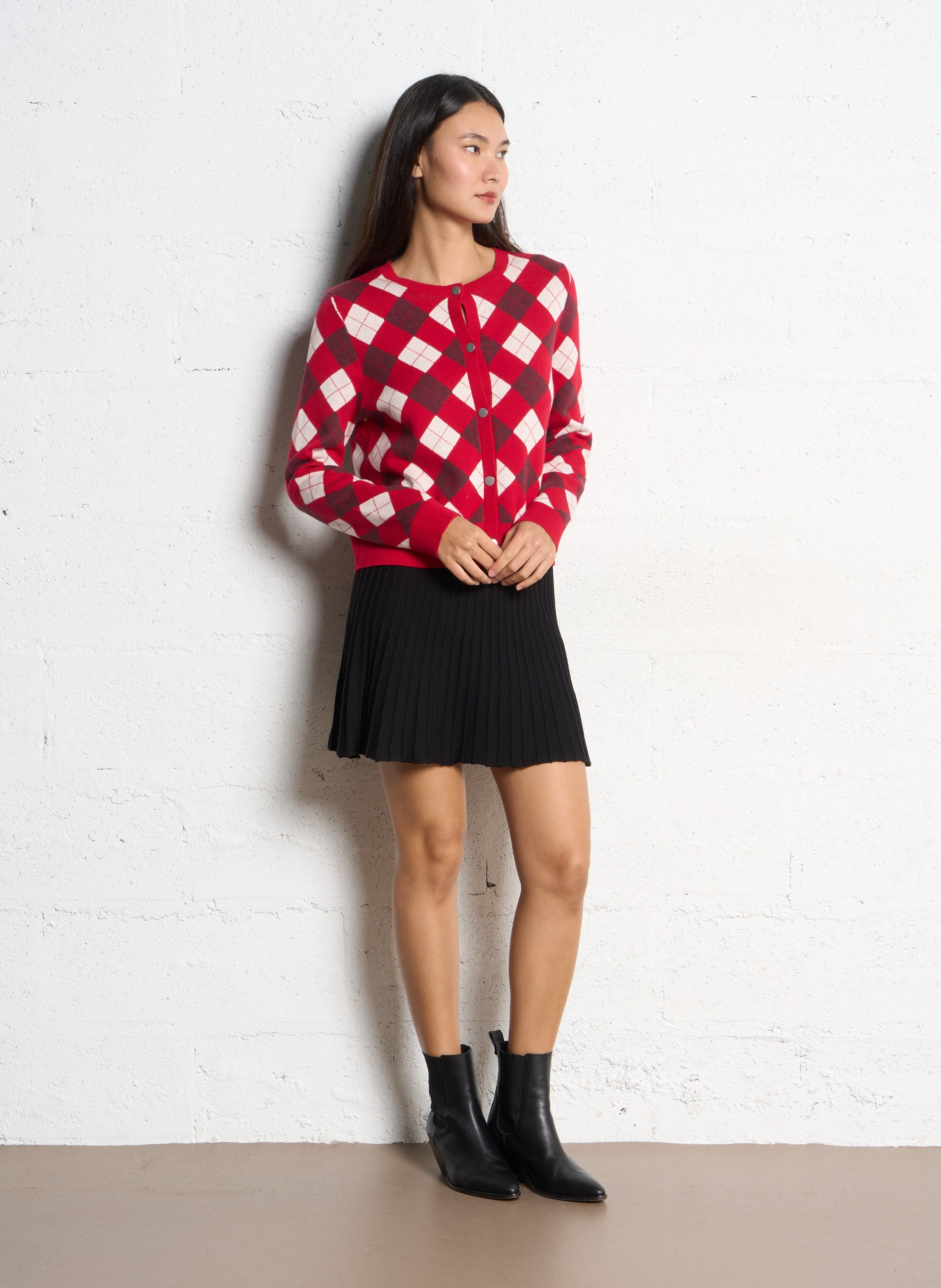 Gilet droit col rond jacquard en coton et cachemire IKKS Rouge