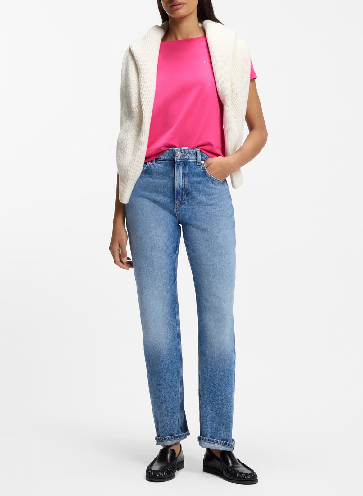 Tee-shirt droit col rond brodé en laine vierge BOSS Rose