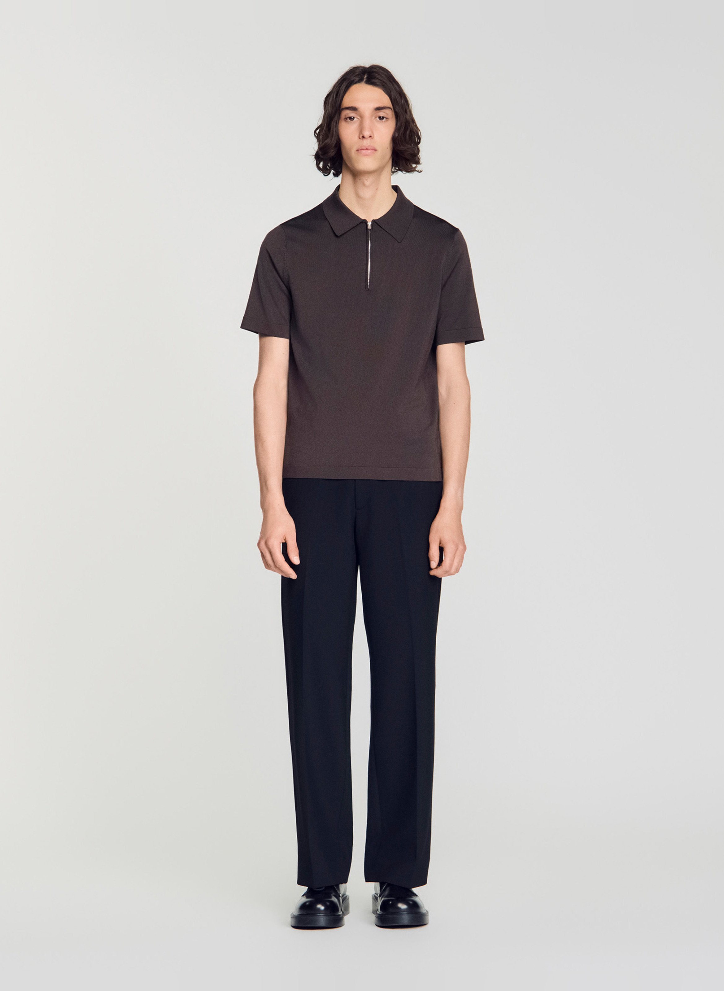 T-shirt manches courtes à col polo zippé SANDRO Marron