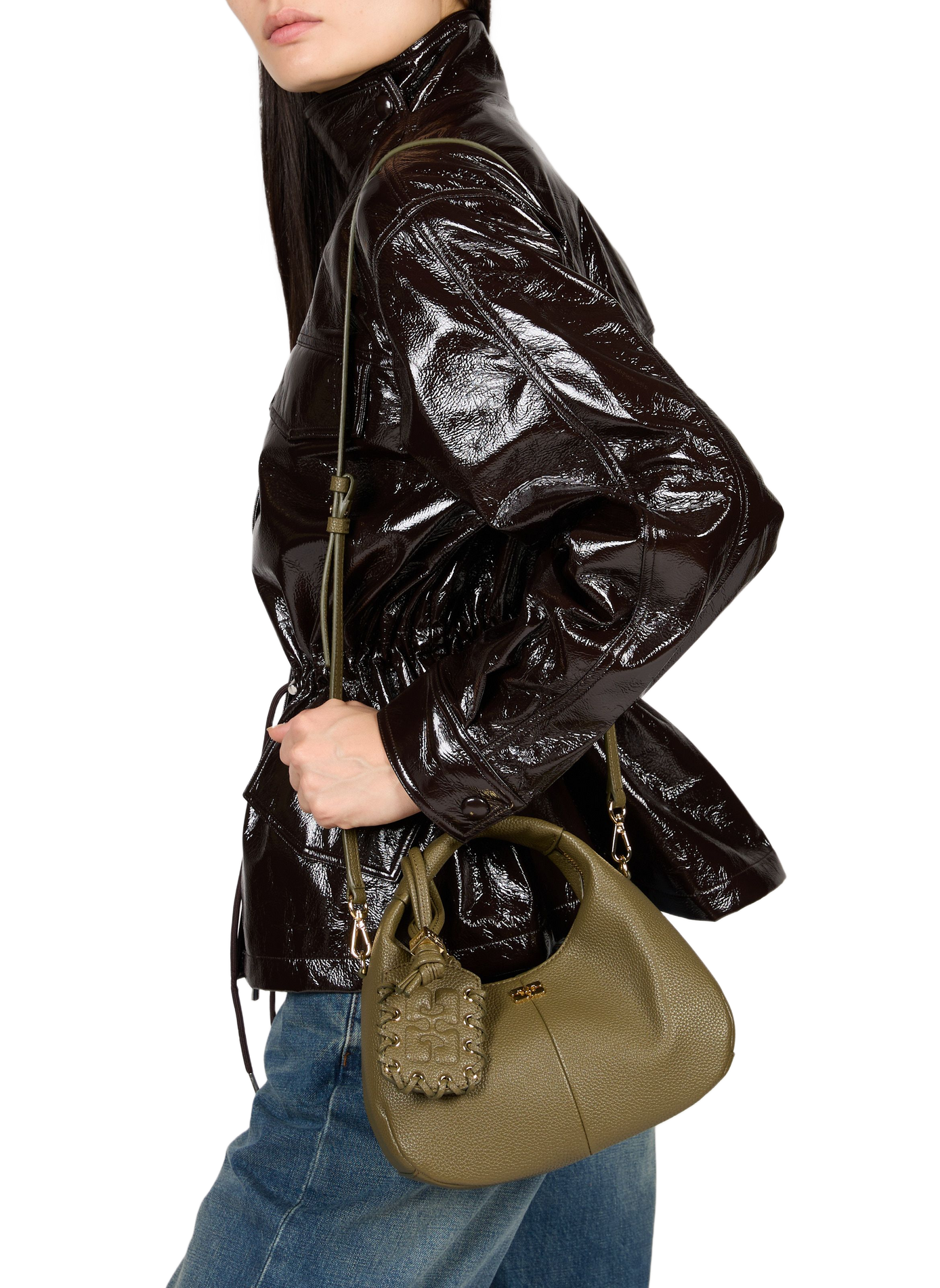 Hobo-Handtasche aus genarbtem Leder GANNI Khaki