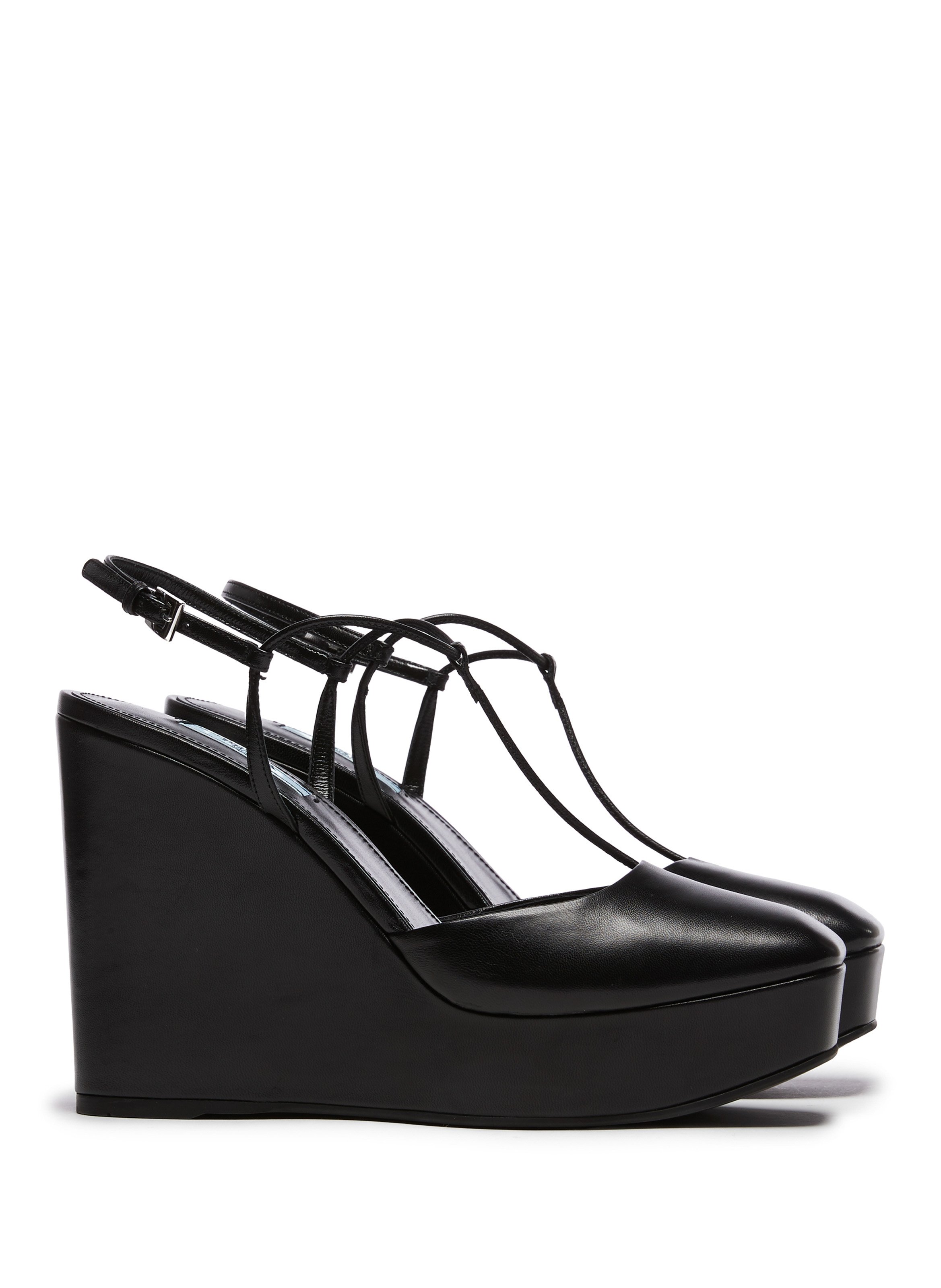 Leather Wedge Sandals PRADA Black