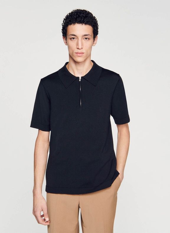 SANDRO T-shirt manches courtes à col polo zippé Noir