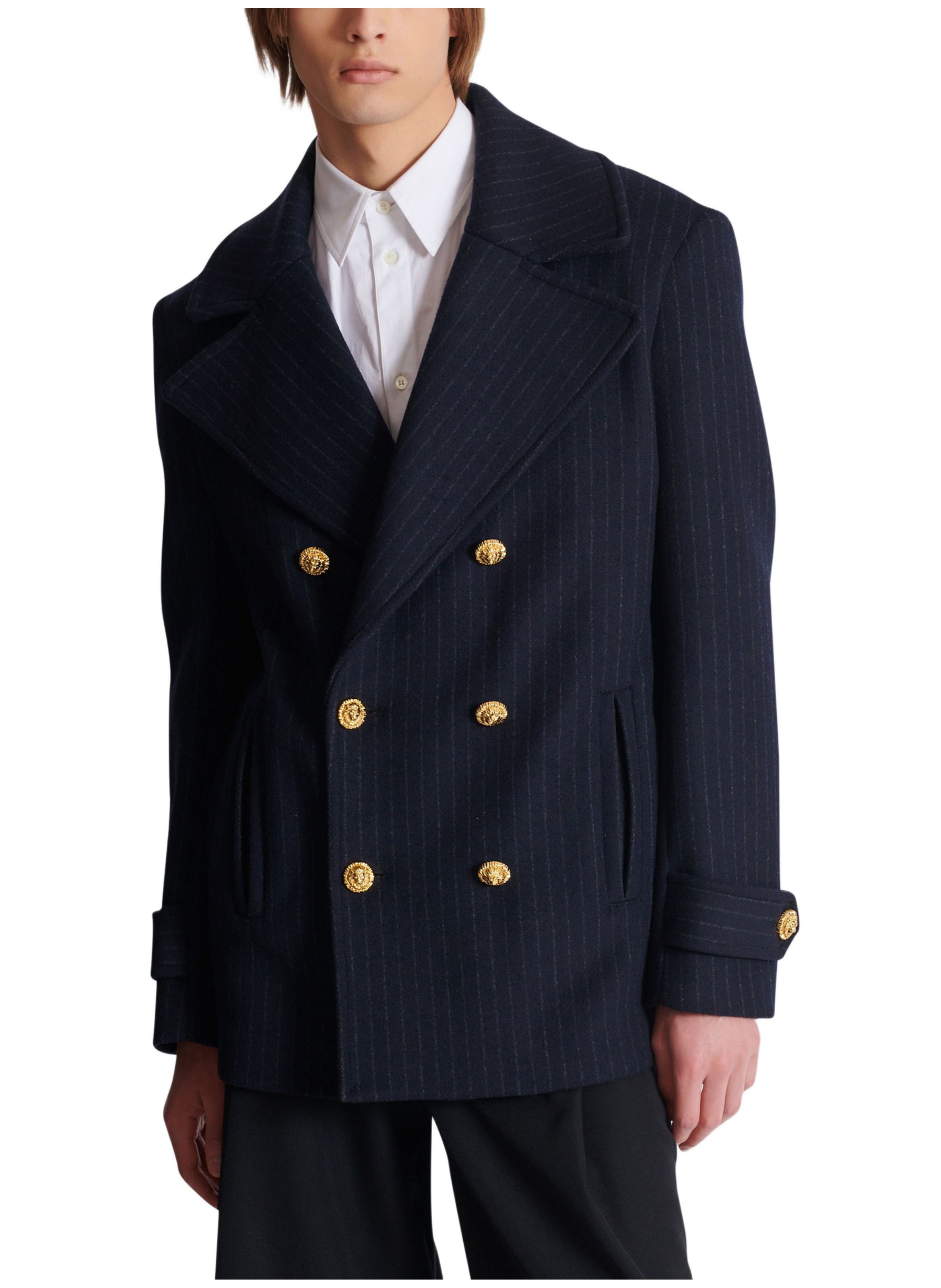 Caban court en laine à rayures BALMAIN Bleu