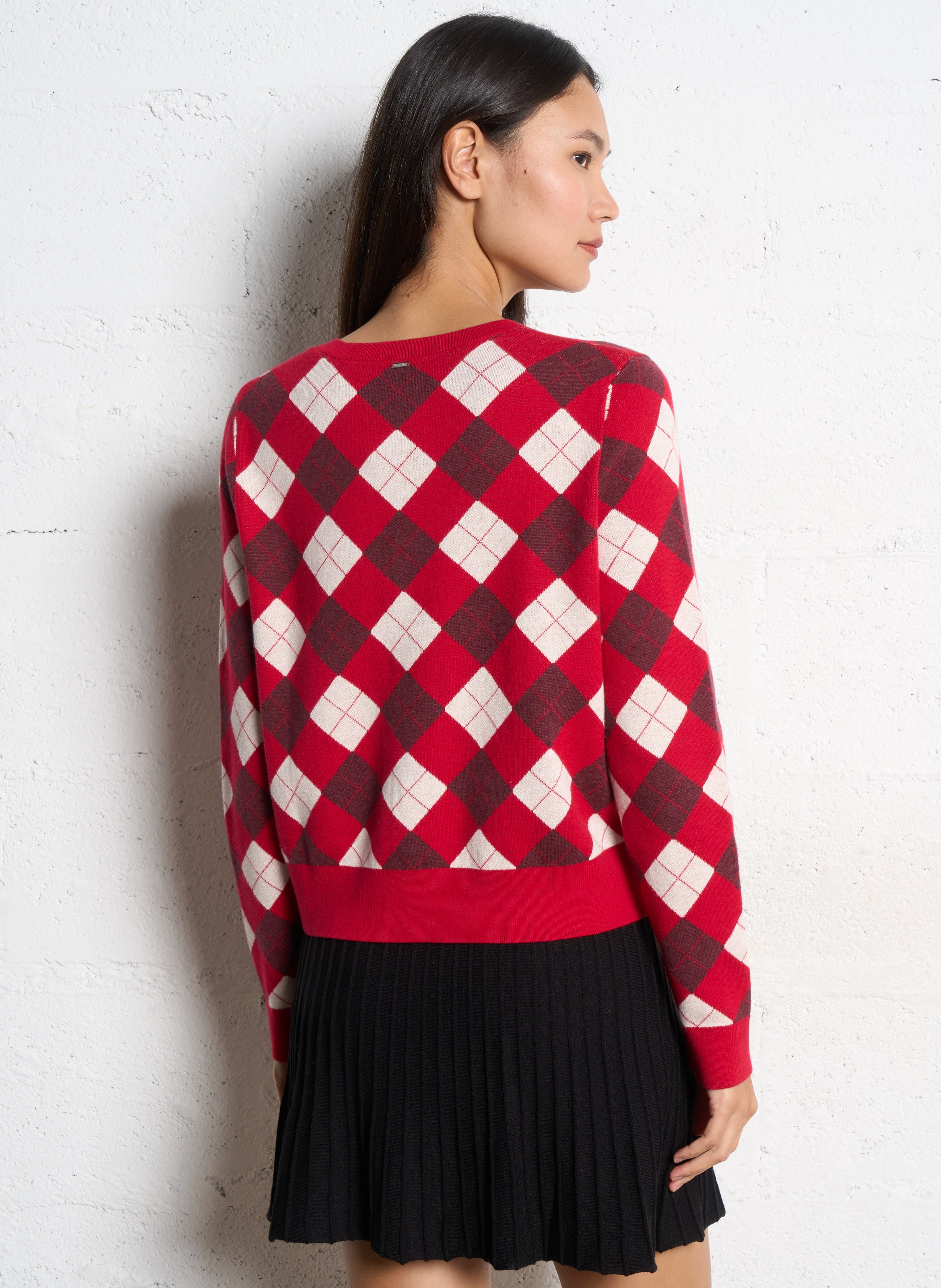 Gilet droit col rond jacquard en coton et cachemire IKKS Rouge