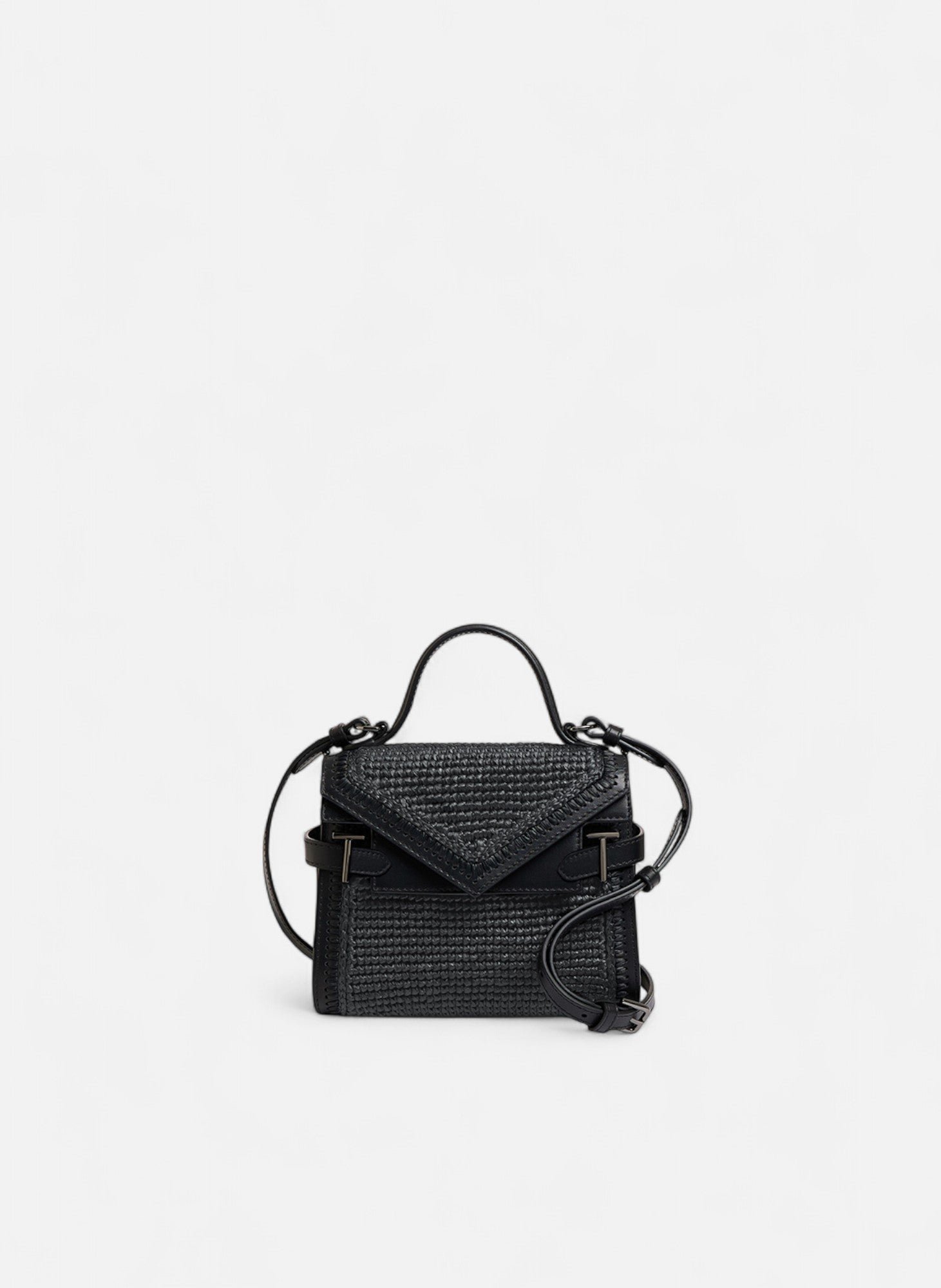 Petit sac à main double rabat emilie effet raphia et cuir lisse NoirLE TANNEUR