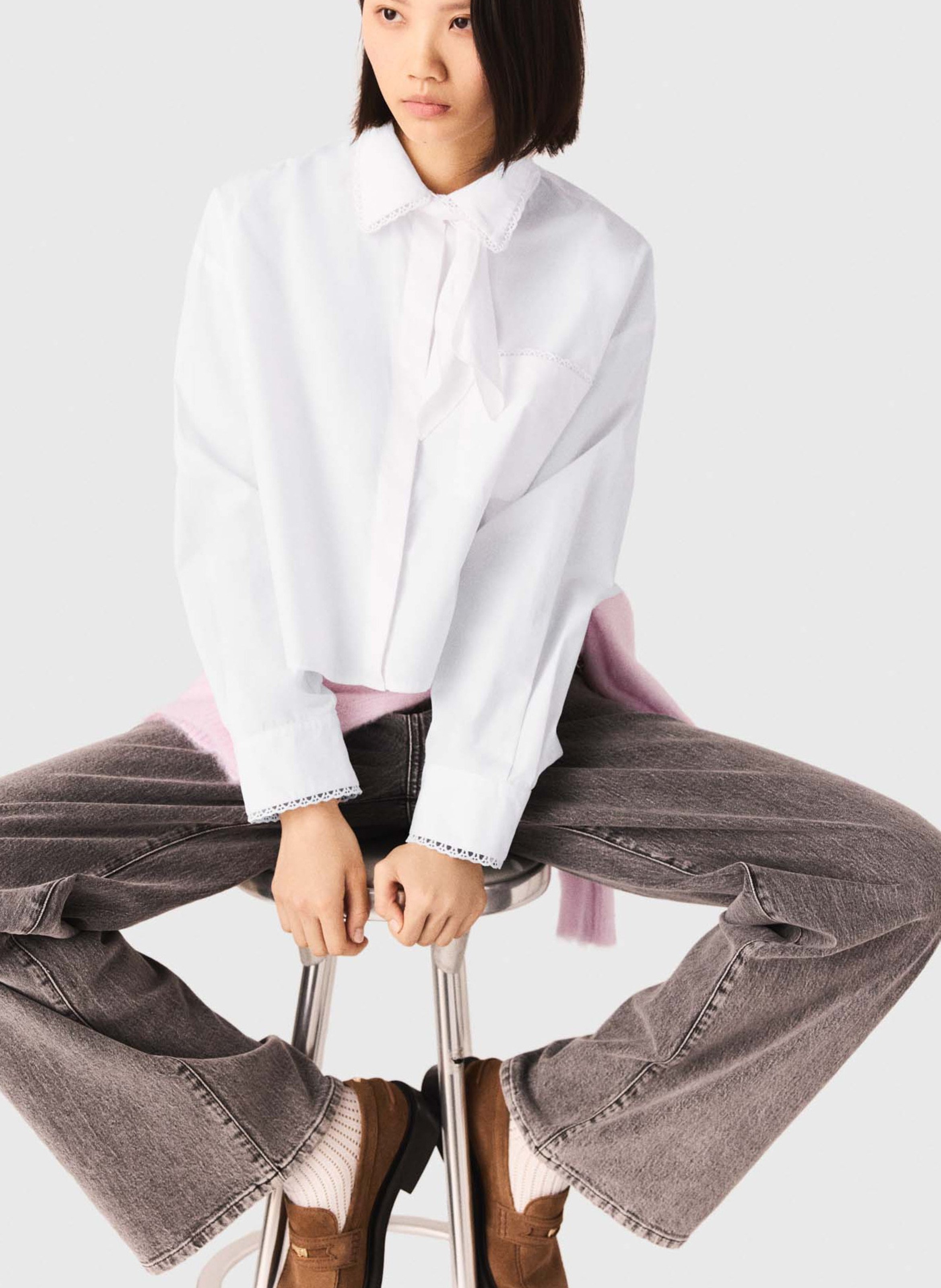 Chemise oversize col lavallière en coton MAJE Blanc