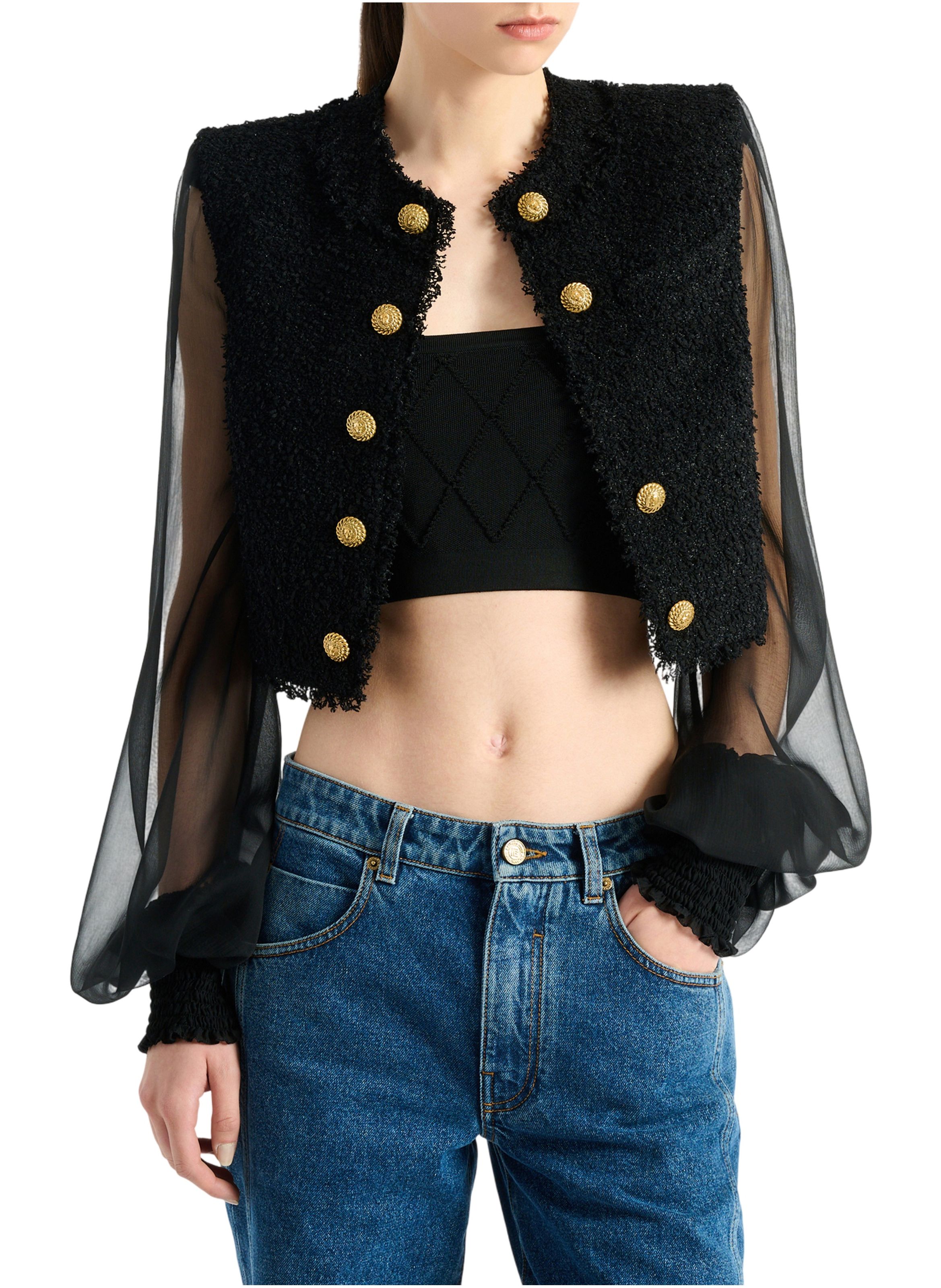 Spencer en tweed et mousseline BALMAIN Noir