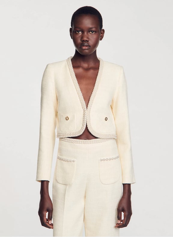 Veste courte perlée en tweed Beige by SANDRO SANDRO Veste courte perlée en tweed Beige