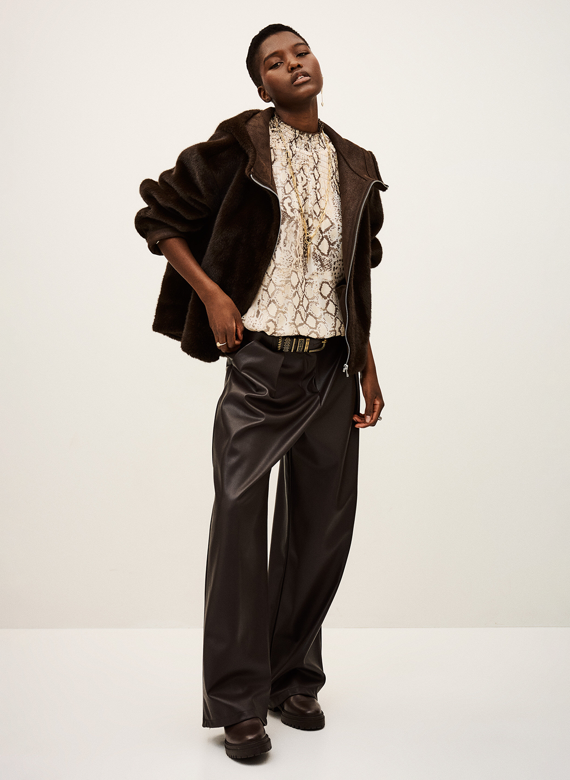 Manteau droit col montant en fourrure synthétique pandy BA&SH Marron