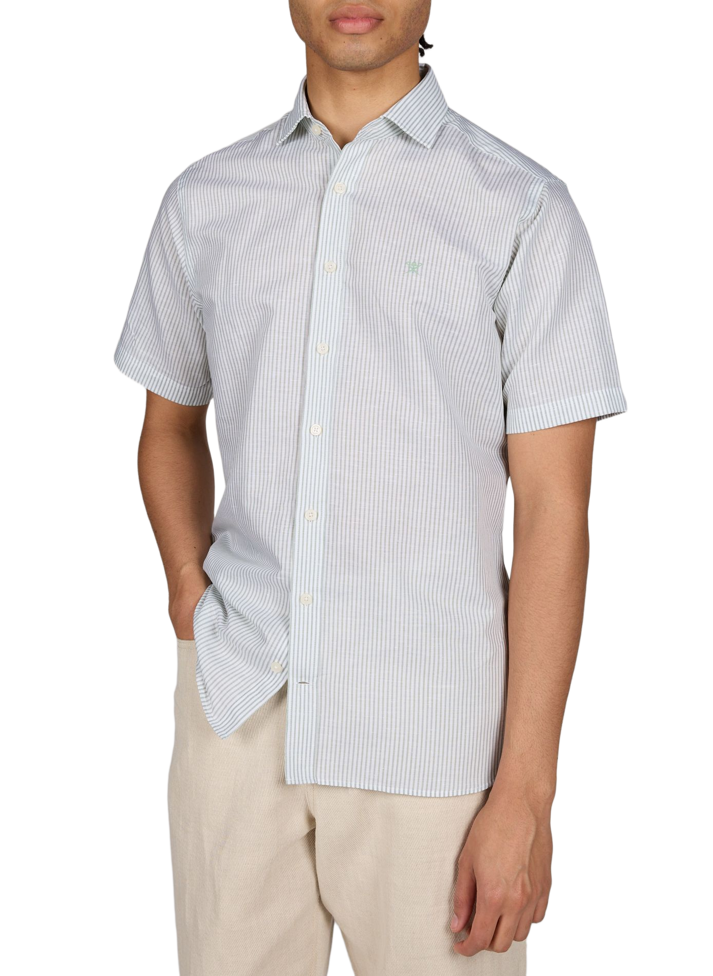Short-sleeved linen shirt with stripes HACKETT Green