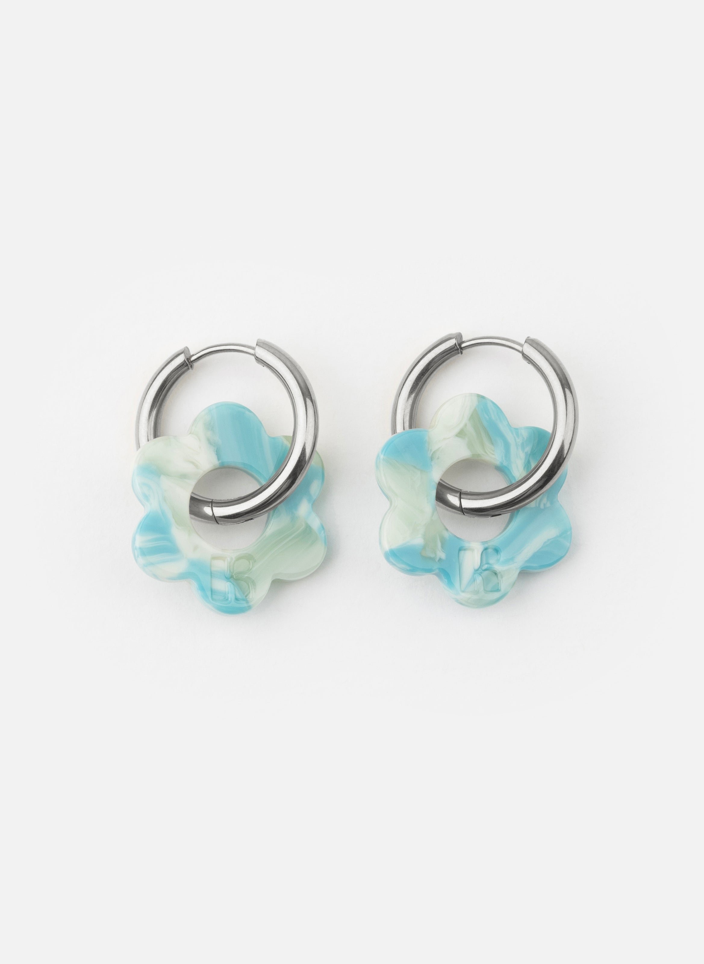 Boucles d'oreilles maxi fleurette avec anneaux en acier inoxydable argenté  Turquoise