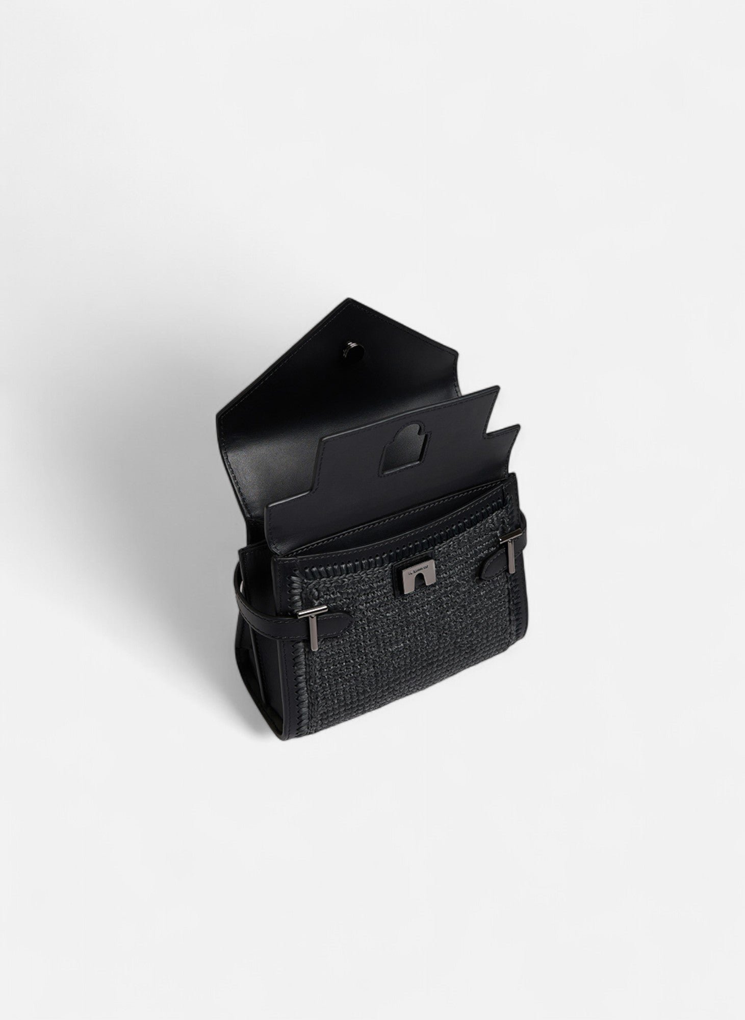 Petit sac à main double rabat emilie effet raphia et cuir lisse LE TANNEUR Noir