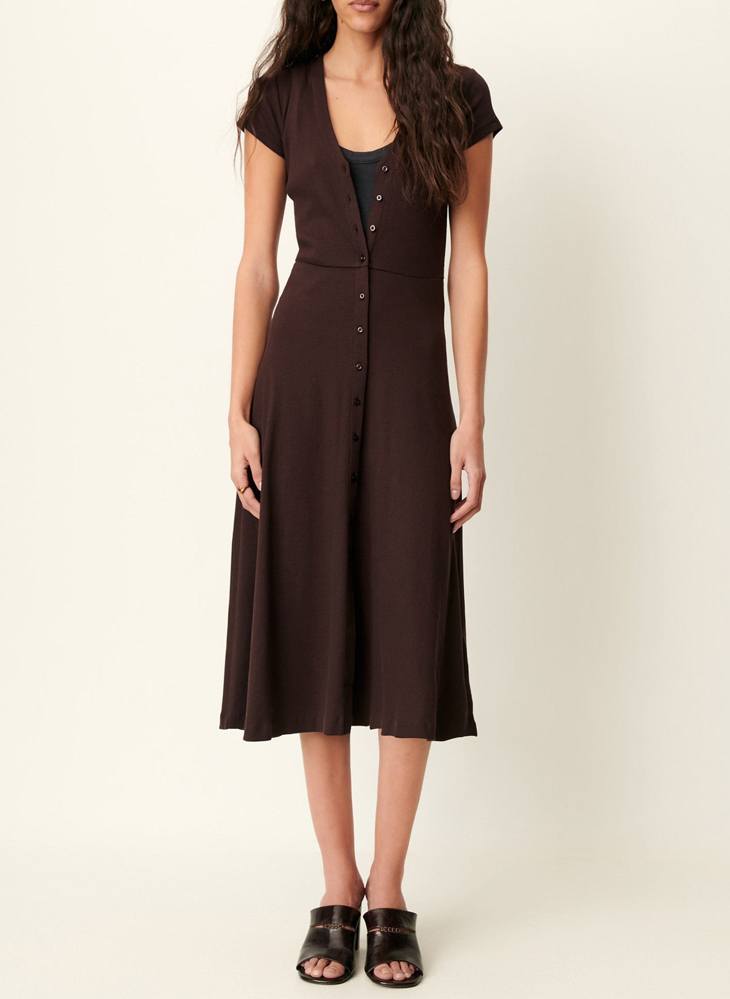 Robe midi droite encolure v en coton bio mélangé nea SESSUN Marron