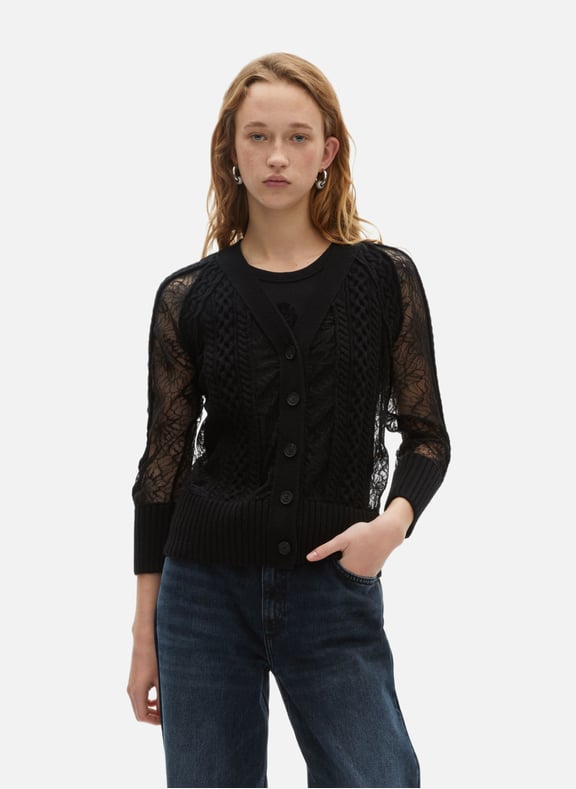 Cardigan en laine et dentelle Noir by THE KOOPLES THE KOOPLES Cardigan en laine et dentelle Noir