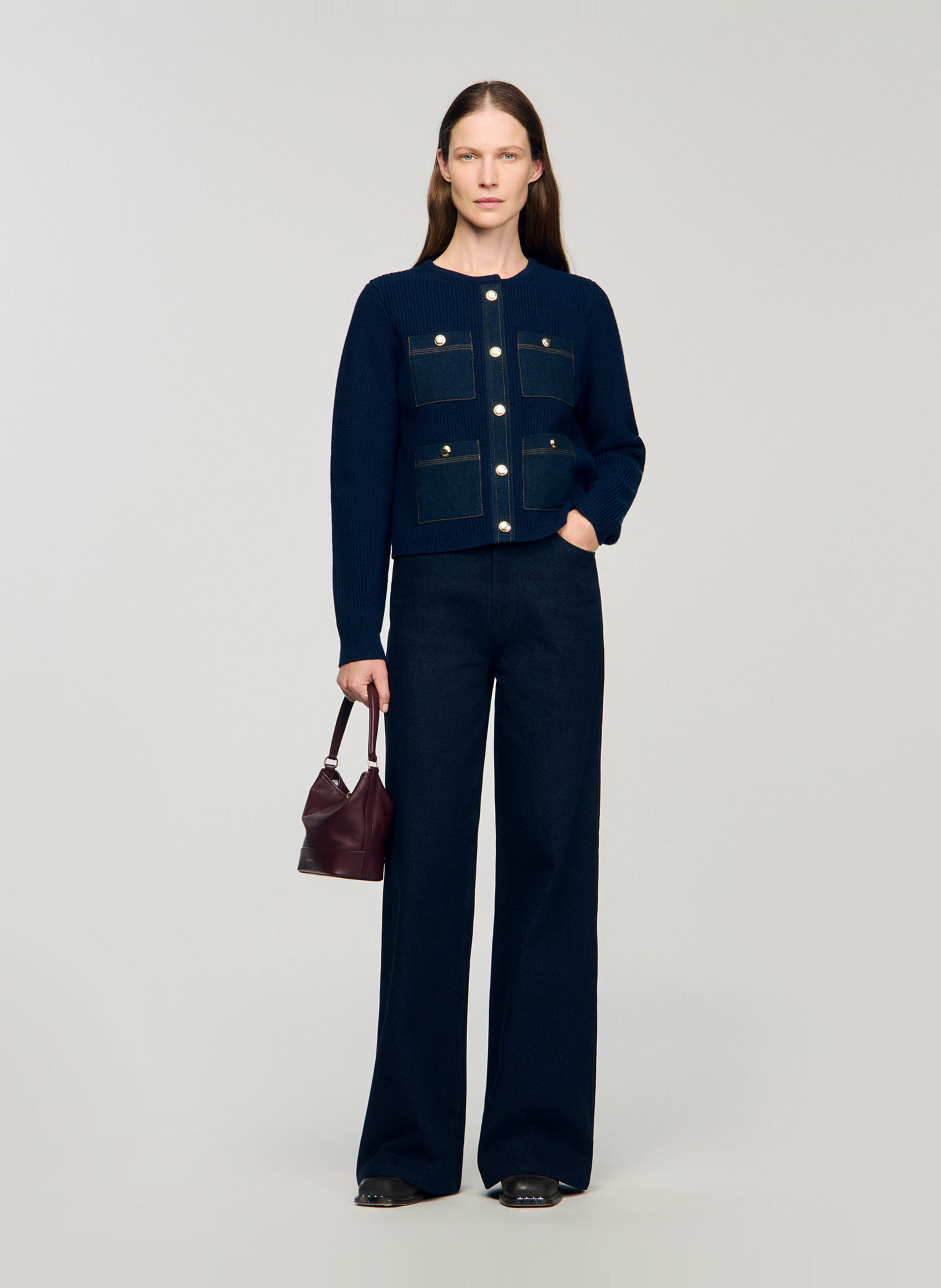 Cardigan uni à poches en laine Bleu