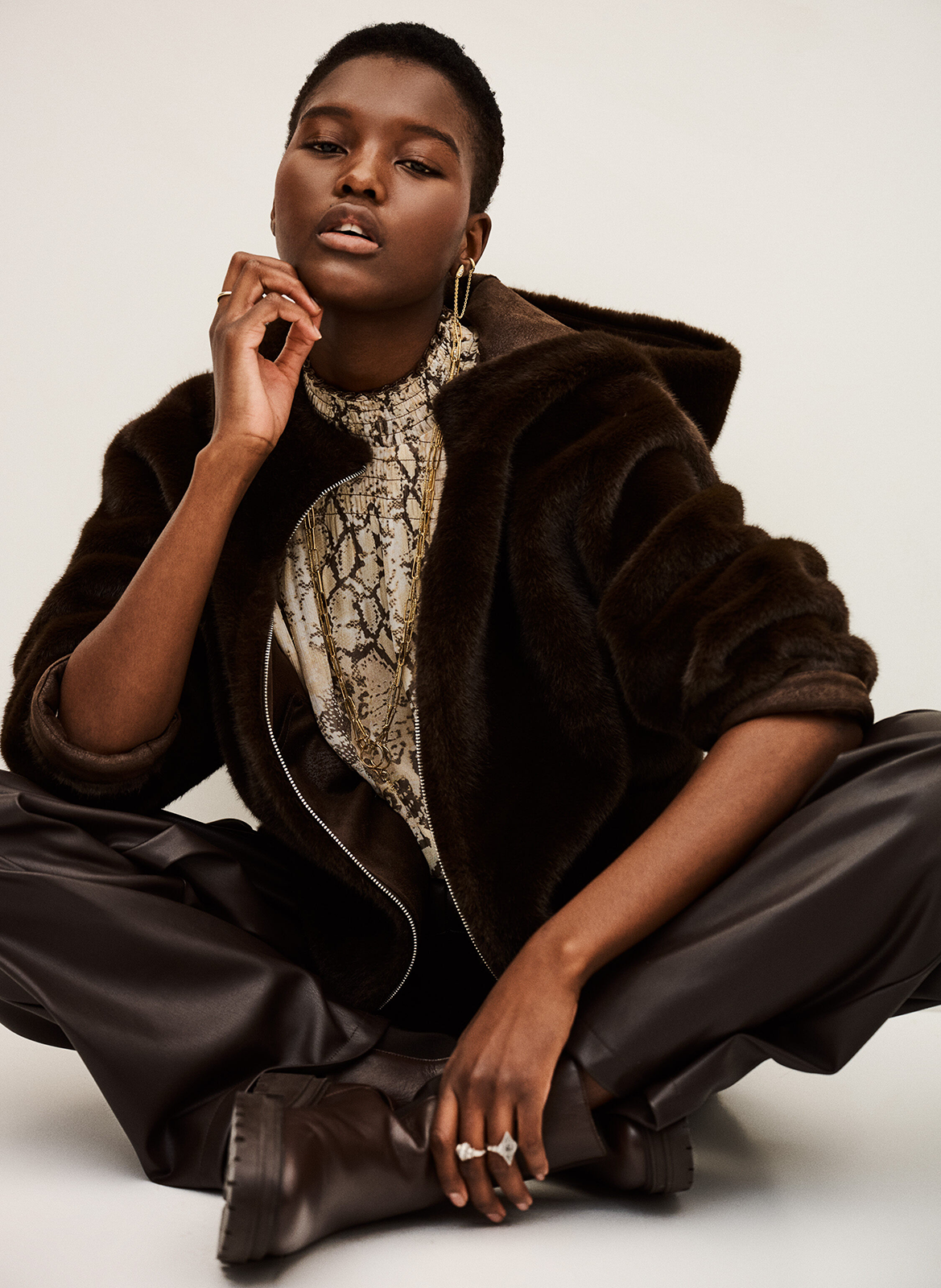 Manteau droit col montant en fourrure synthétique pandy BA&SH Marron