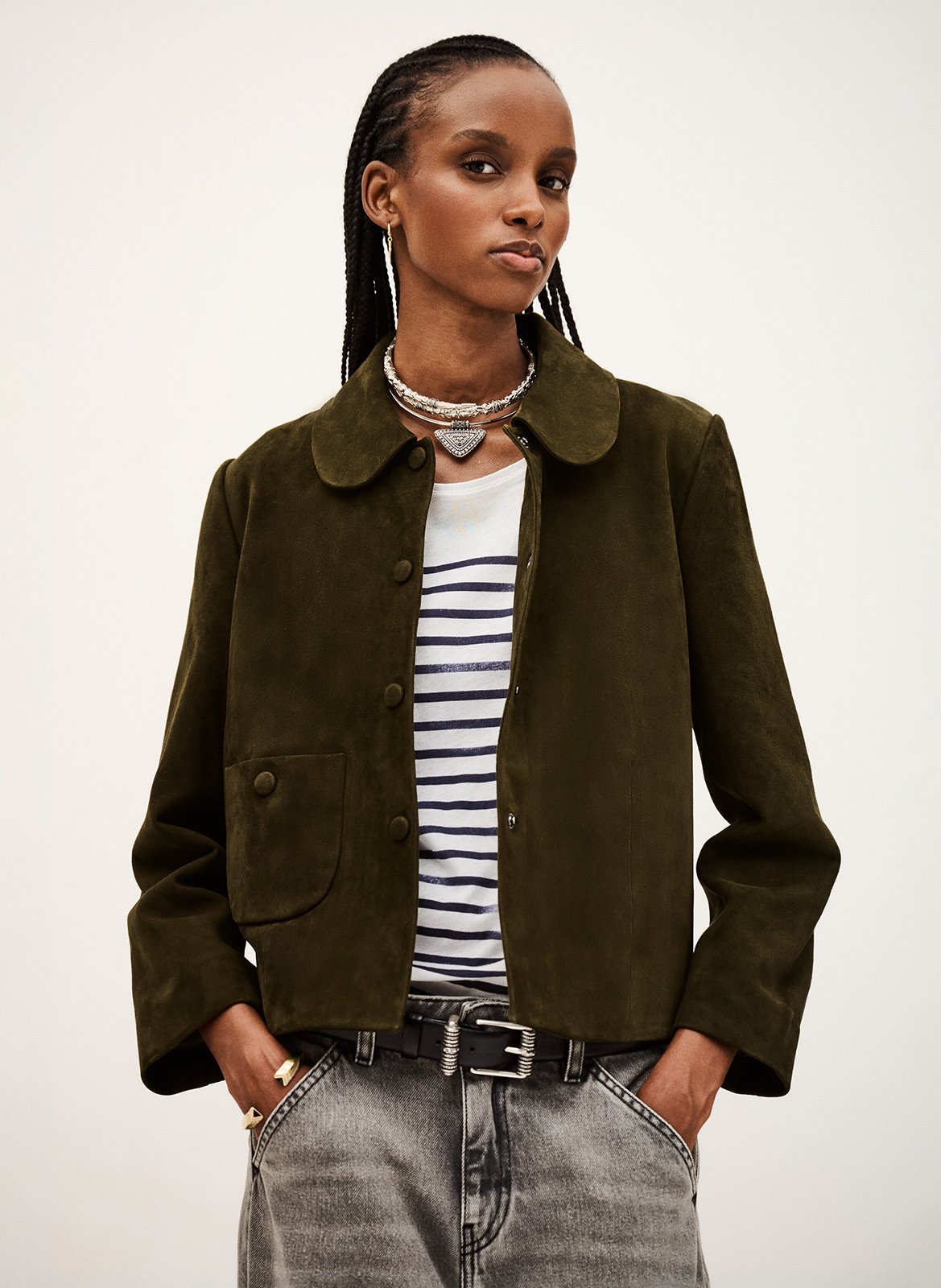 Veste courte en cuir velours milas BA&SH Kaki