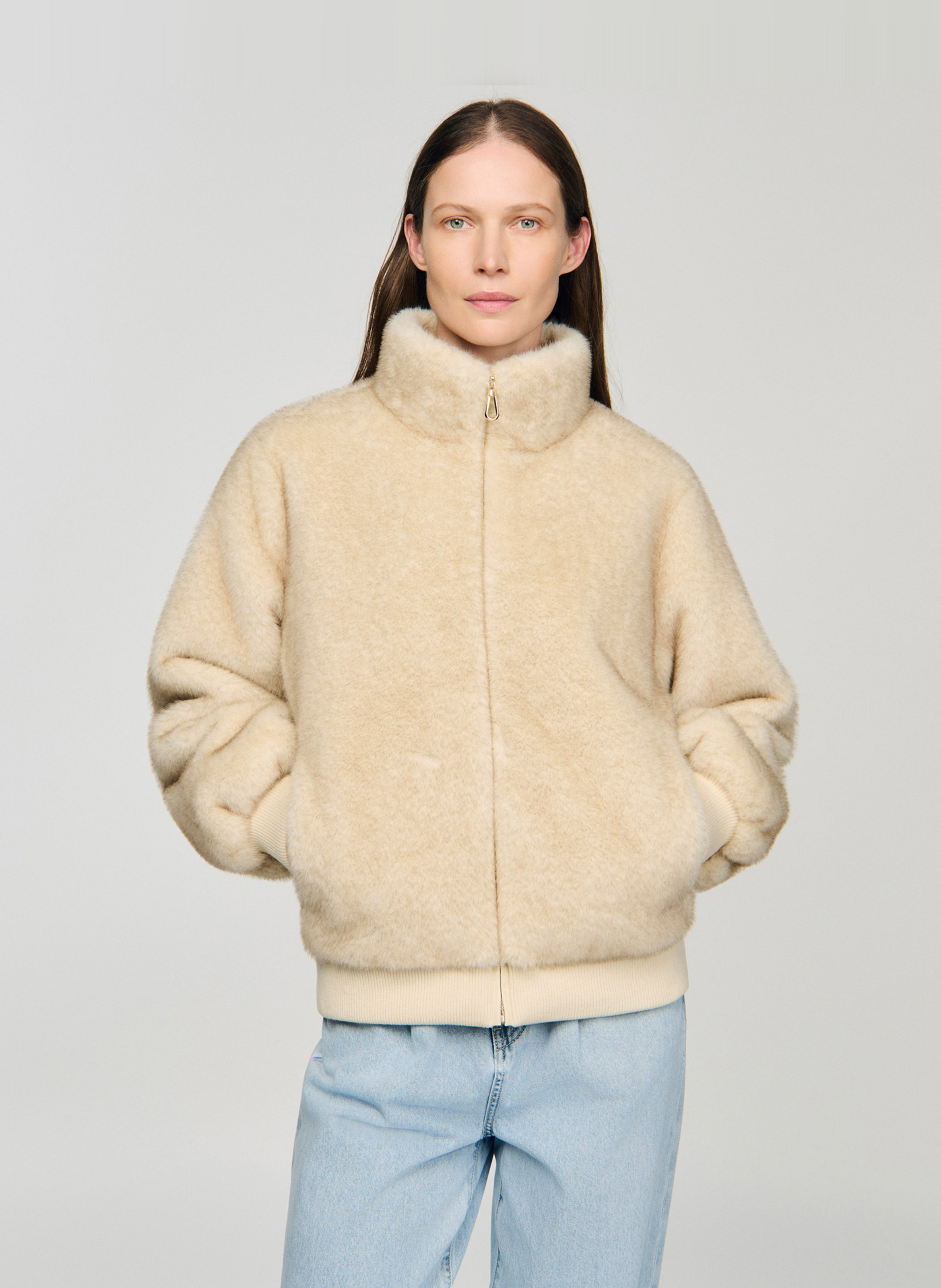 Veste col montant en fourrure synthetique SANDRO Beige