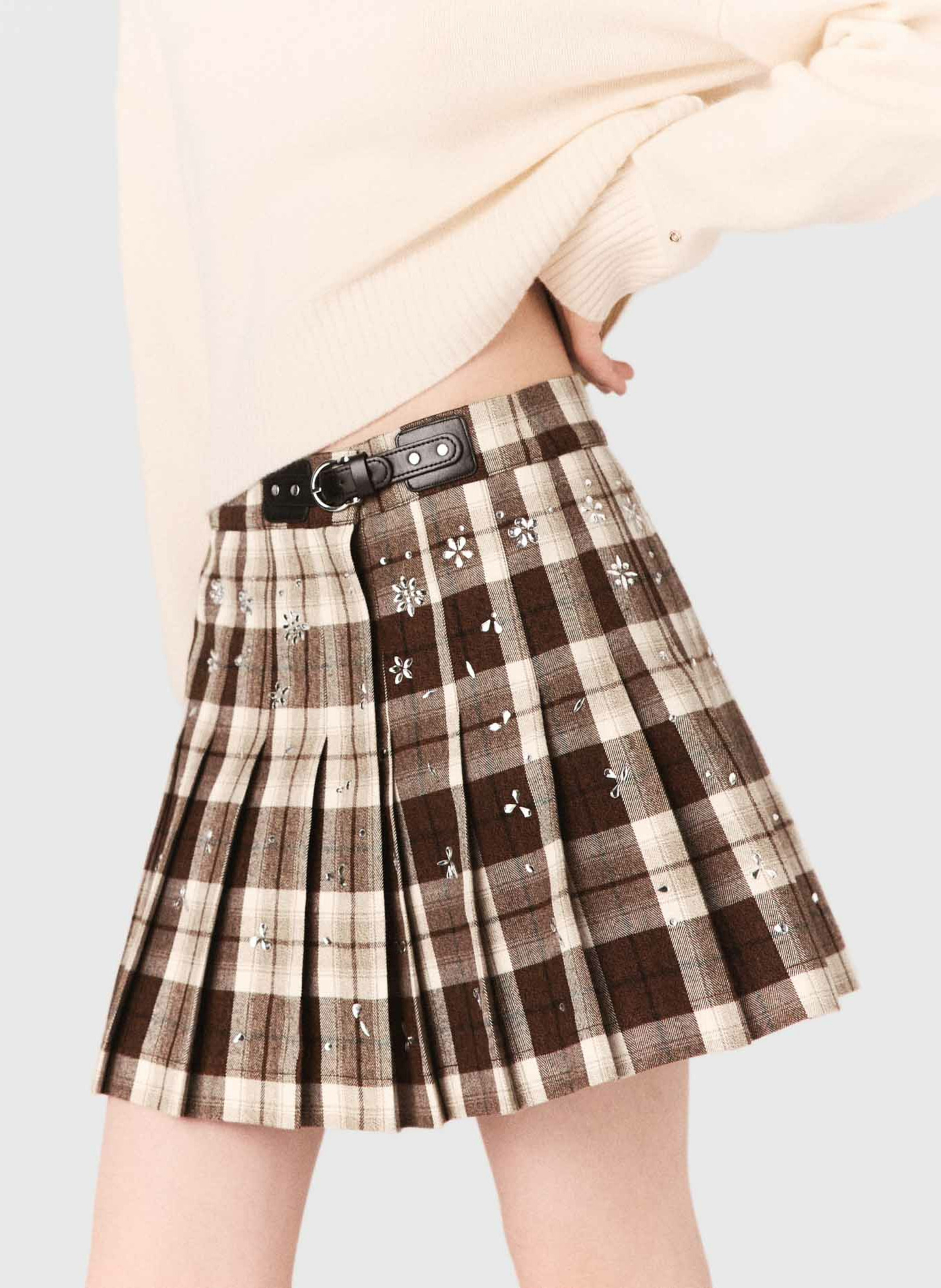 Jupe courte plissée en coton mélangé MAJE Marron