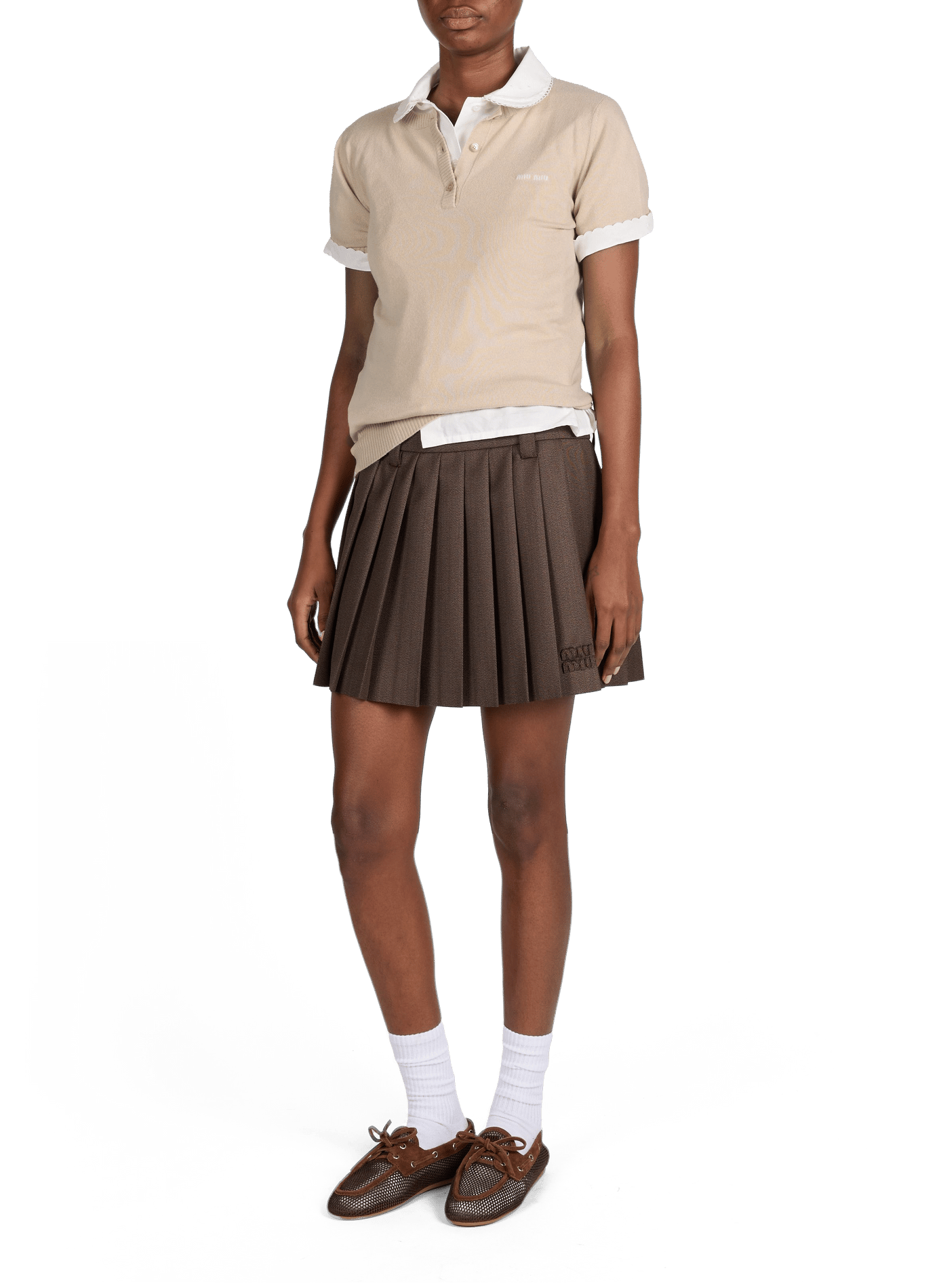 Jupe courte plissée en laine vierge MIU MIU Brown